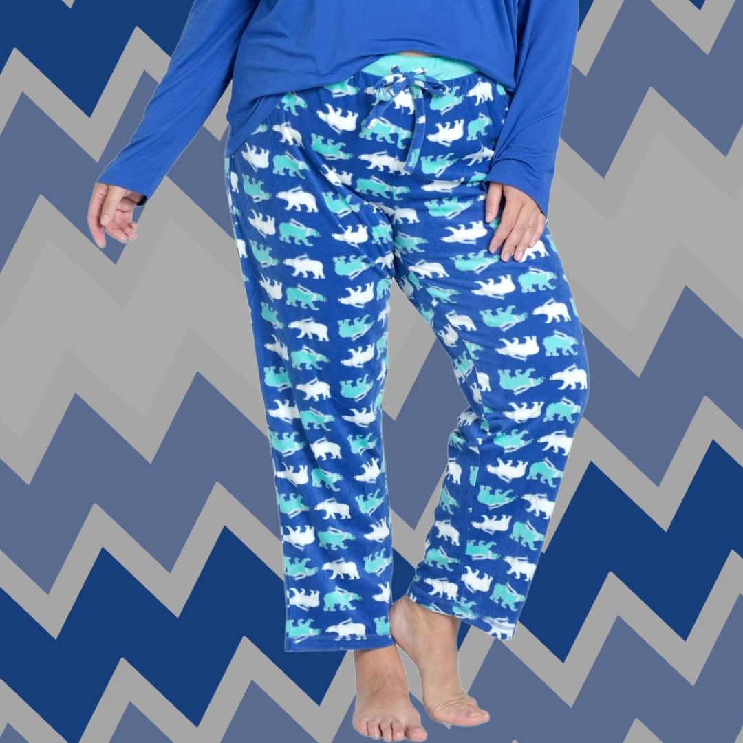 Hanes Hanes Muk Luks Plus Size Stretch Fleece Pajama Pants 1X, Polar Bear Plunge Geometric Pattern, Pull-On, Blue, Women, Pajama Pants Size 40" / US 18 - 1 Thumbnail