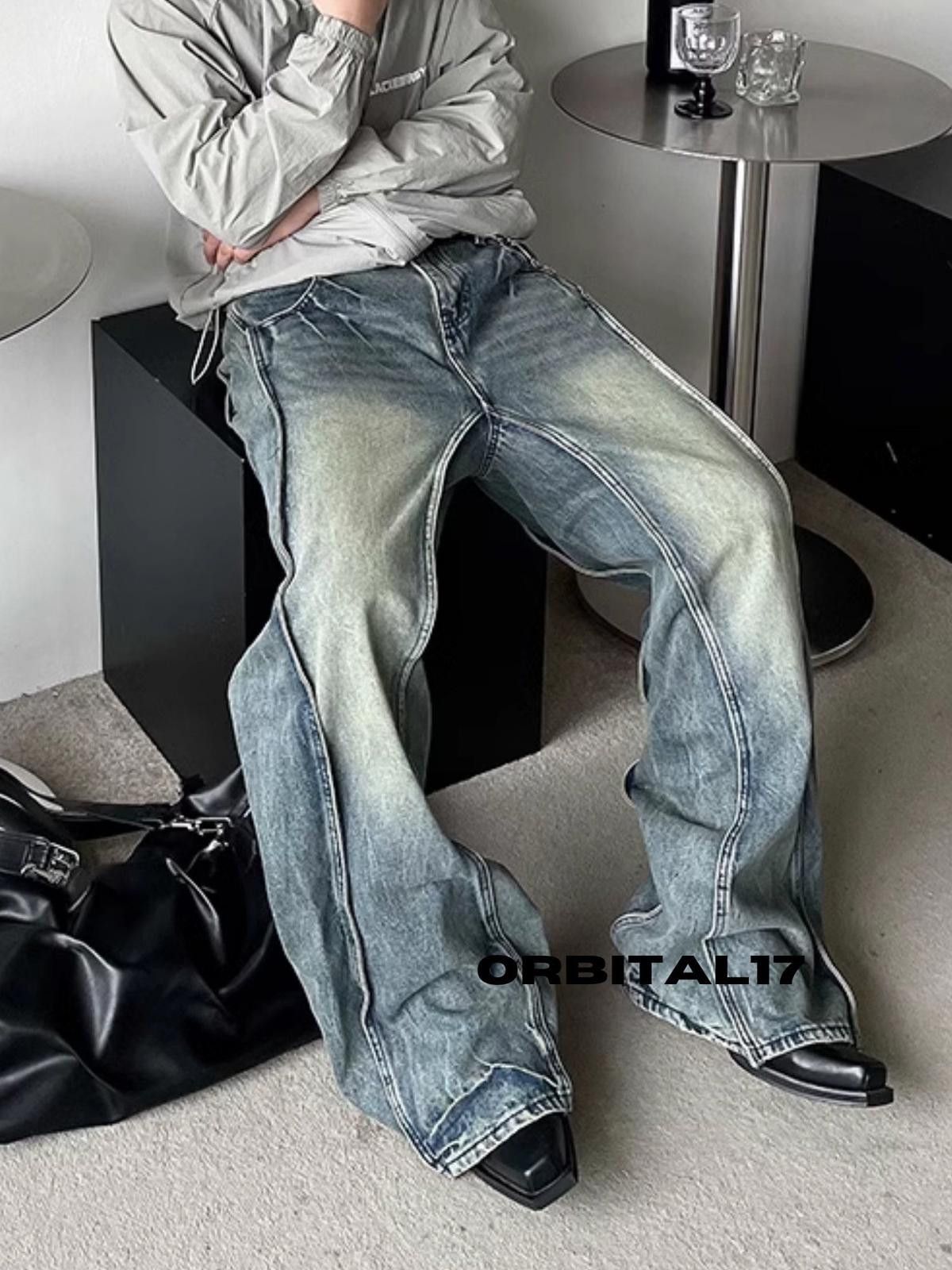 Lightning Blue Baggy Embroidered Flare Denim Jeans