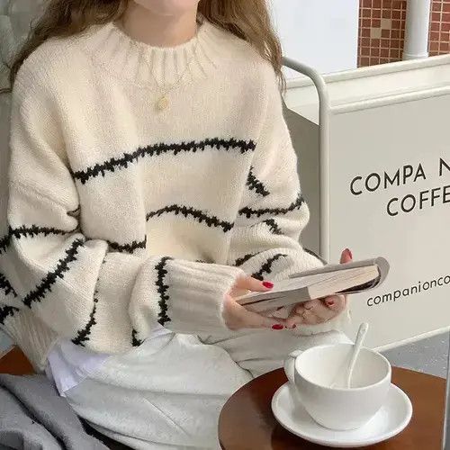 Japanese Brand Autumn Winter Sweater Women Knitted Shirts Warm Stiped Size ONE SIZE - 2 Thumbnail
