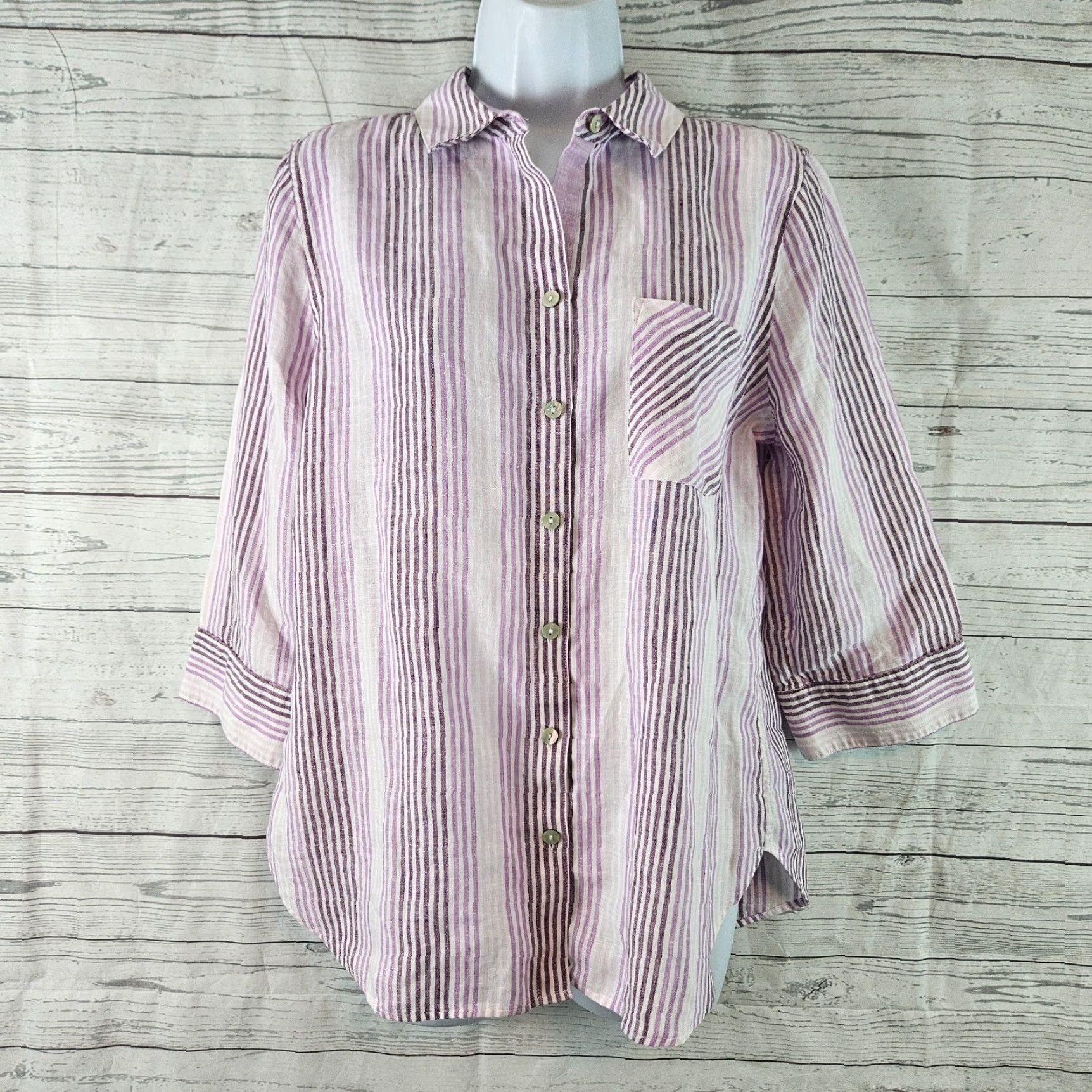 Vintage Chico's Womens No Iron Button Up Top Sz M Purple Stripe 3/4 Sleeve Linen Shirt Adult Medium Womens Size M / US 6-8 / IT 42-44 - 2 Thumbnail