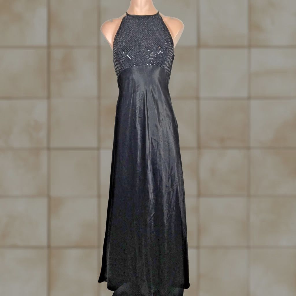 Vintage VTG ZUM ZUM Dress 90s y2k Black Satin A-Line Sequin Lattice Back Evening Gown 8 Size M / US 6-8 / IT 42-44 - 1 Thumbnail