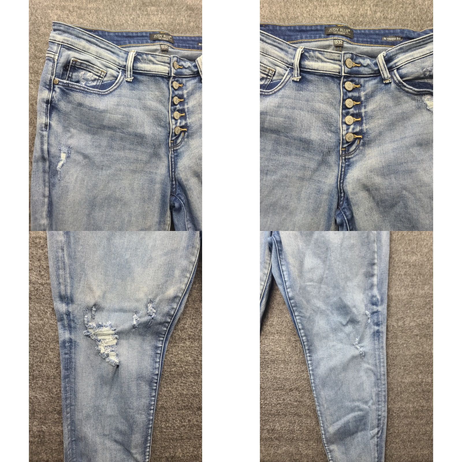 Vintage Judy Blue Jeans Womens 34x30 Boyfriend High Rise Button Fly Distressed Raw Blue Denim Regular 5-Pocket Rise: High Mens? Size 24" / US 00 / IT 34 - 8 Thumbnail