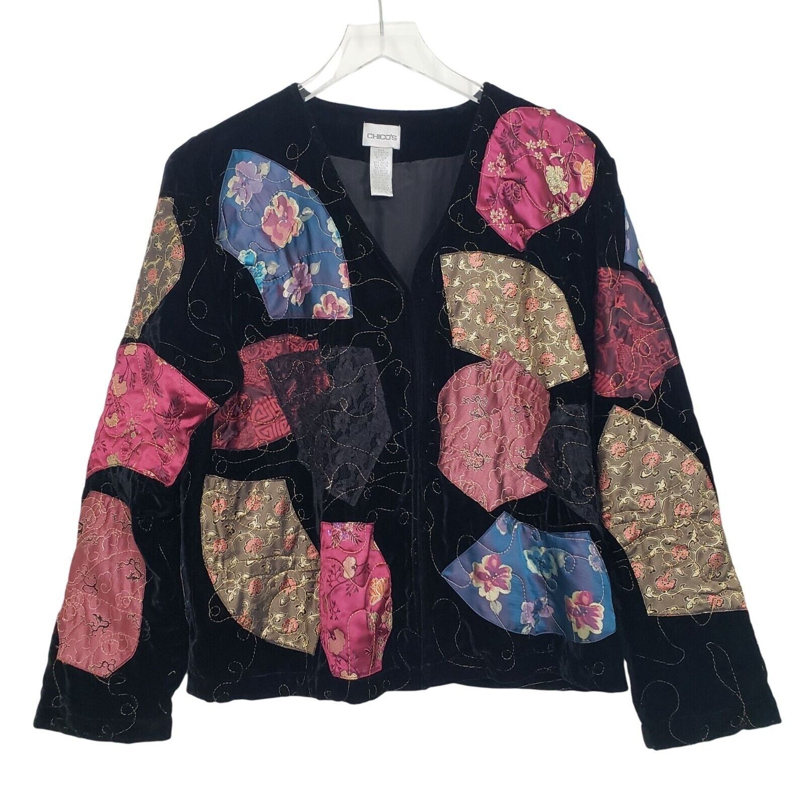 Designer Chicos 1 Velvet Floral Asian Patchwork Jacket Womens Size S Size S / US 4 / IT 40 - 1 Thumbnail