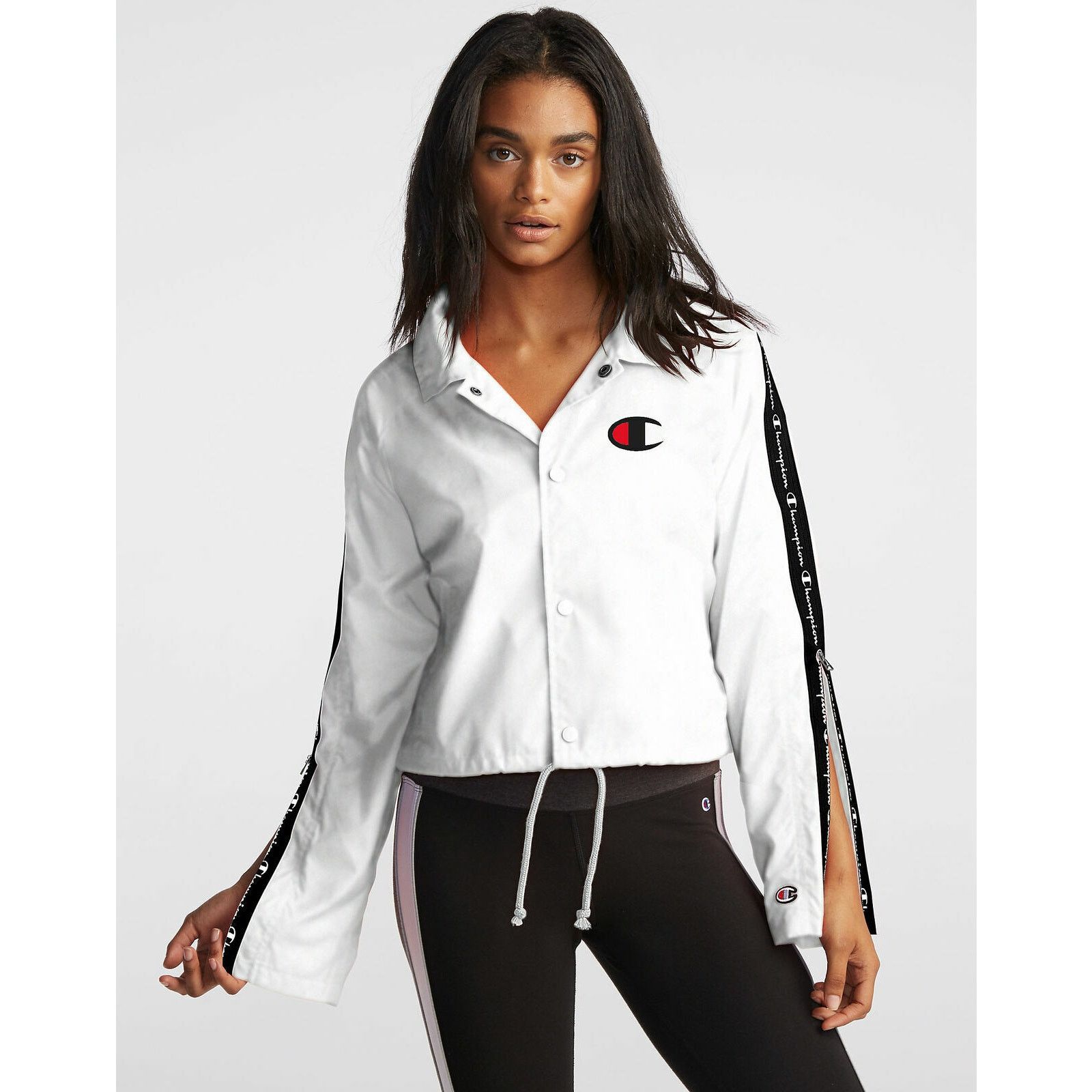 Champion Champion Jacket Women L Cropped White Snap Tape Coaches Size L / US 10 / IT 46 - 2 Thumbnail