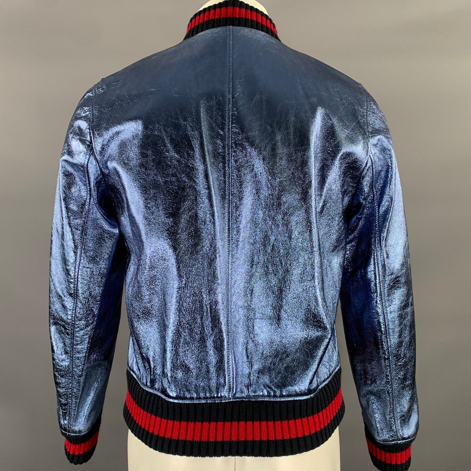 Gucci GUCCI Size 36 Blue Metallic Stripe Leather Bomber Jacket Size L / US 10 / IT 46 - 4 Thumbnail