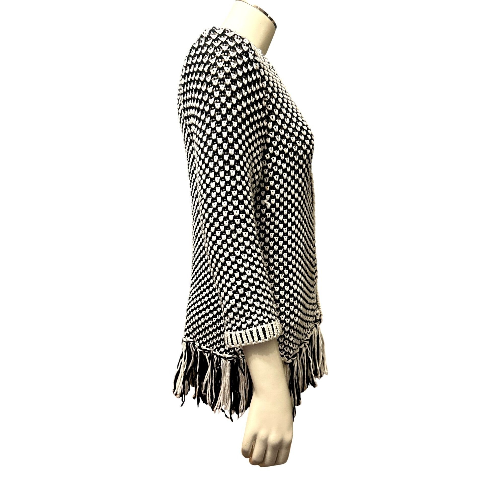 Chicos Chicos Black White Fringed Open Front Knit Cardigan Sweater Size M / US 6-8 / IT 42-44 - 4 Thumbnail
