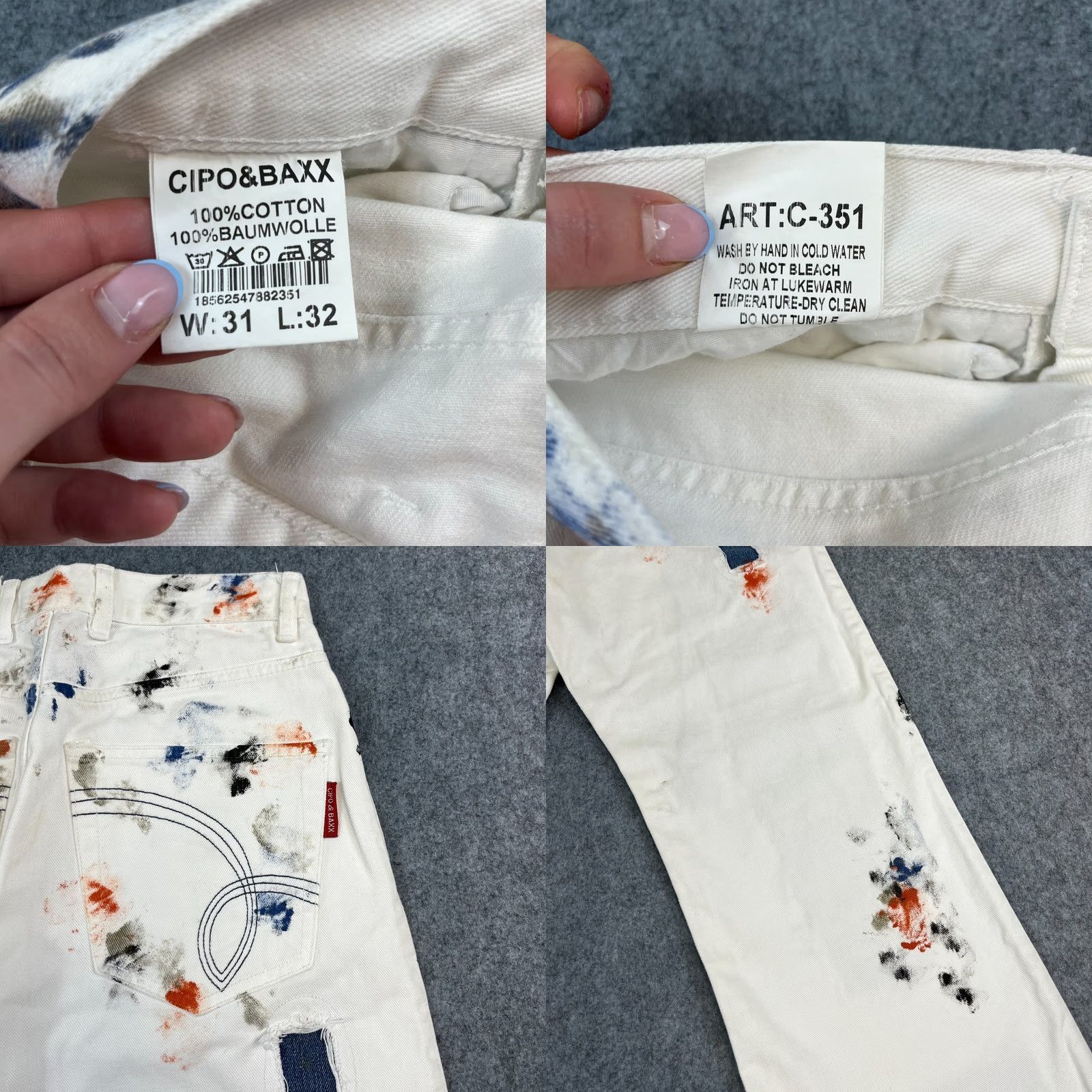Vintage Cipo & Baxx Jeans Straight 31 32 Distressed Patchwork White Paint Design Mens 5-Pocket Denim Cotton Shirt? Size US 31 - 9 Thumbnail