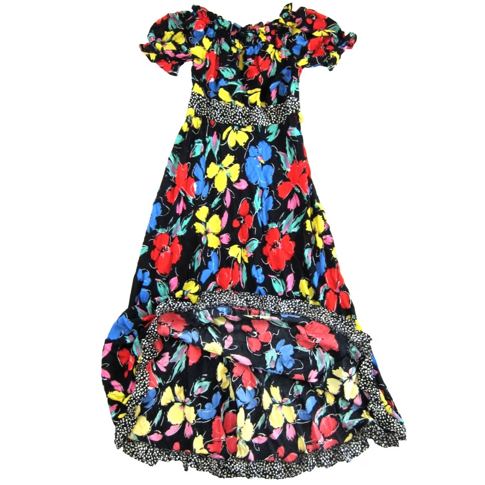 Vintage RICO Black Yellow Red Pink Floral Off Shoulder Short Sleeve Long Maxi Dress 4 Size 27" / US 4 / IT 40 - 5 Thumbnail