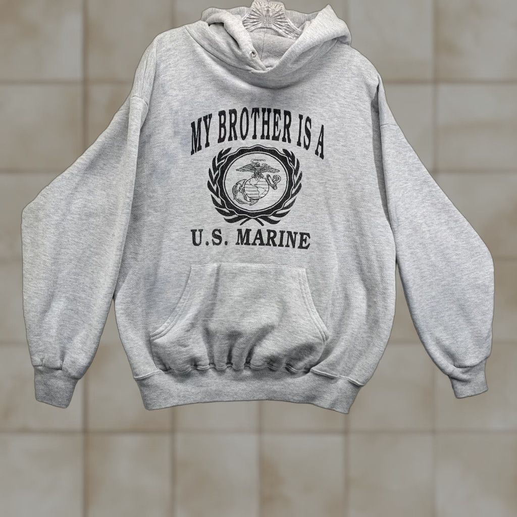 Jerzees VINTAGE United States Marine Corps Hoodie Mens Large Gray Cotton Polyester Fleece Graphic Print Navy Marine 90s Pullover JERZEES Size US L / EU 52-54 / 3 - 1 Thumbnail