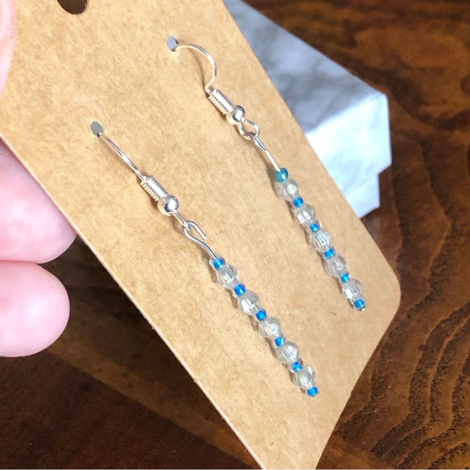 Handmade Handcrafted clear bicone and blue beaded dangle earrings Size ONE SIZE - 2 Thumbnail