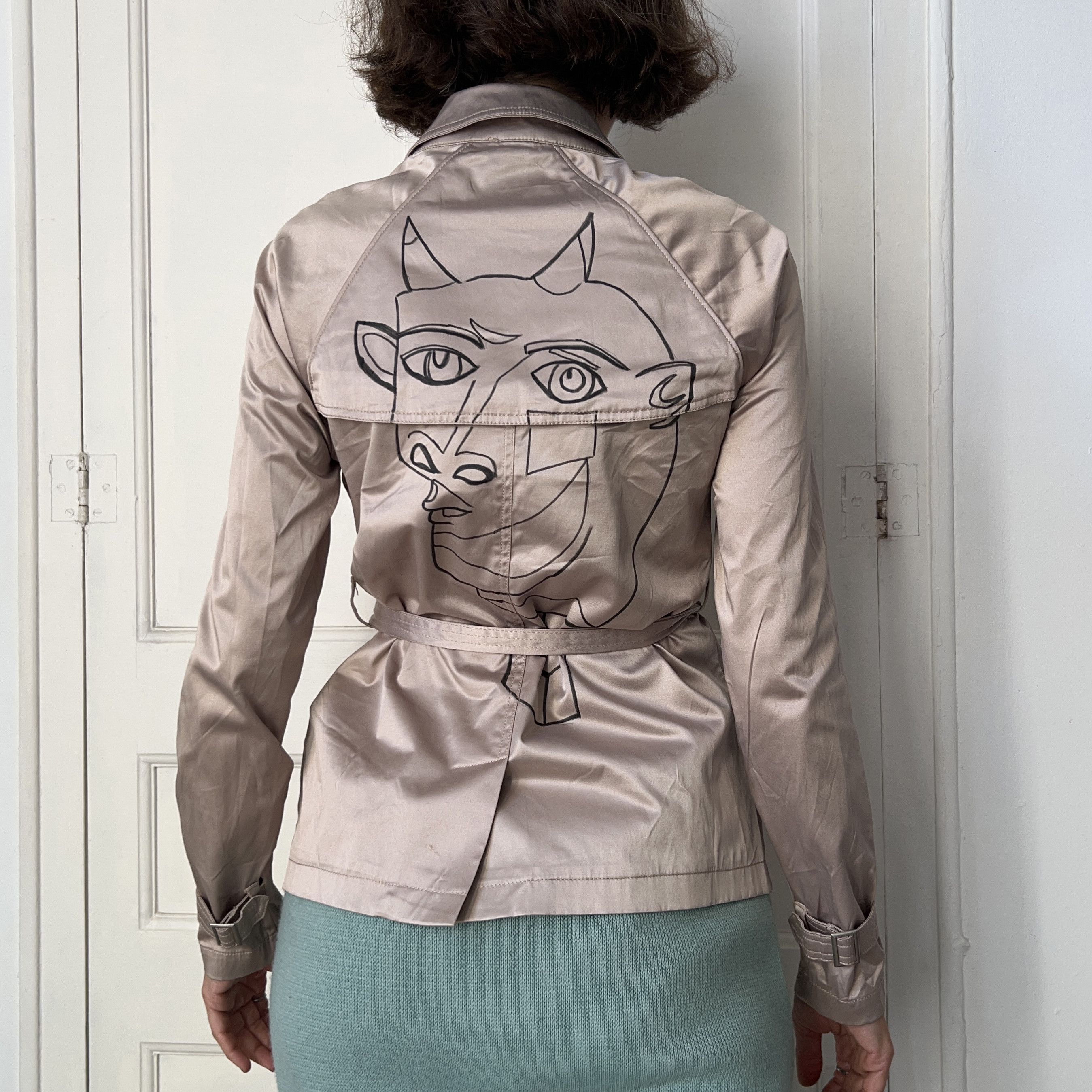 Other Hand Painted Picasso's Drawing Gold Satin Jacket Size S / US 4 / IT 40 - 4 Thumbnail
