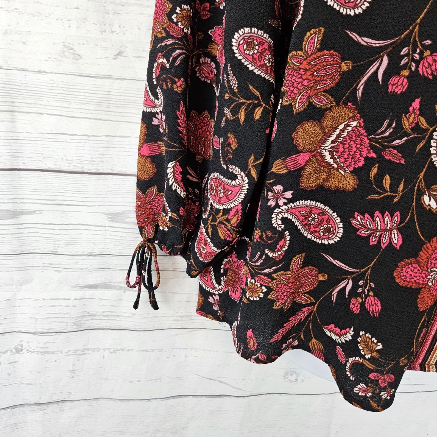 Vintage Zac & Rachel Womens Top 1X Black Pink Floral Paisley Long Sleeve V-Neck Blouse Size XL / US 12-14 / IT 48-50 - 3 Thumbnail