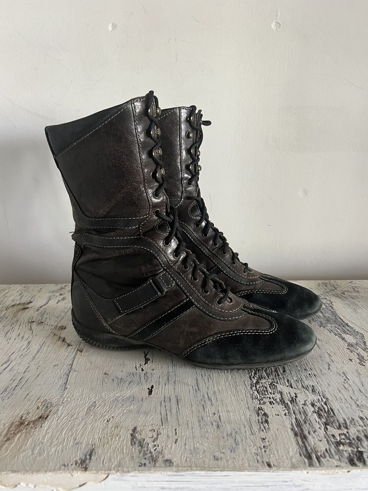 image of Geox Vintage Japanese Leather Hi Top Sneakers in Black Brown, Women's (Size 10)