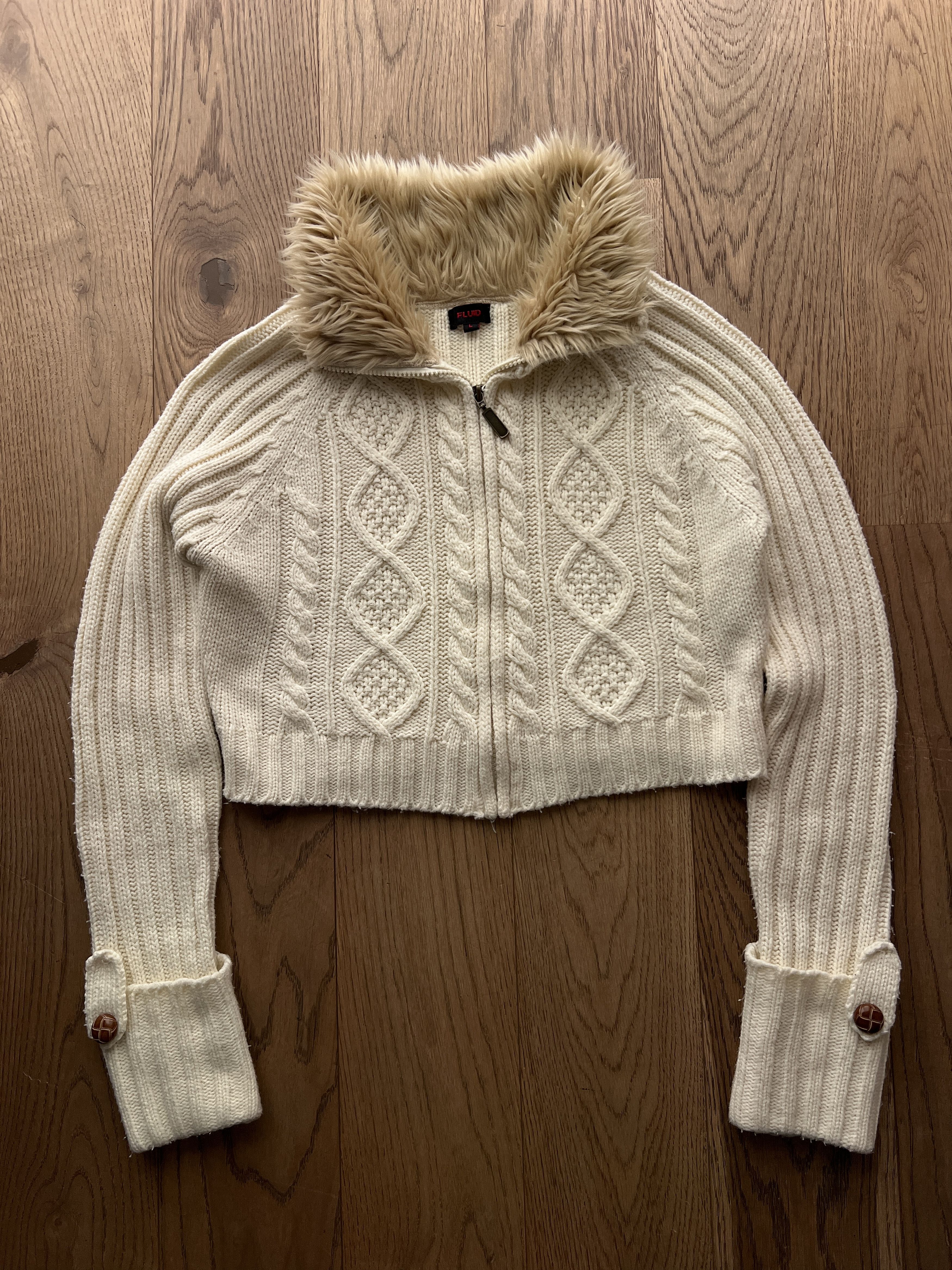 Hysteric Glamour Vintage 2000s cable knit cropped sweater faux fur collar y2k Size L / US 10 / IT 46 - 2 Thumbnail