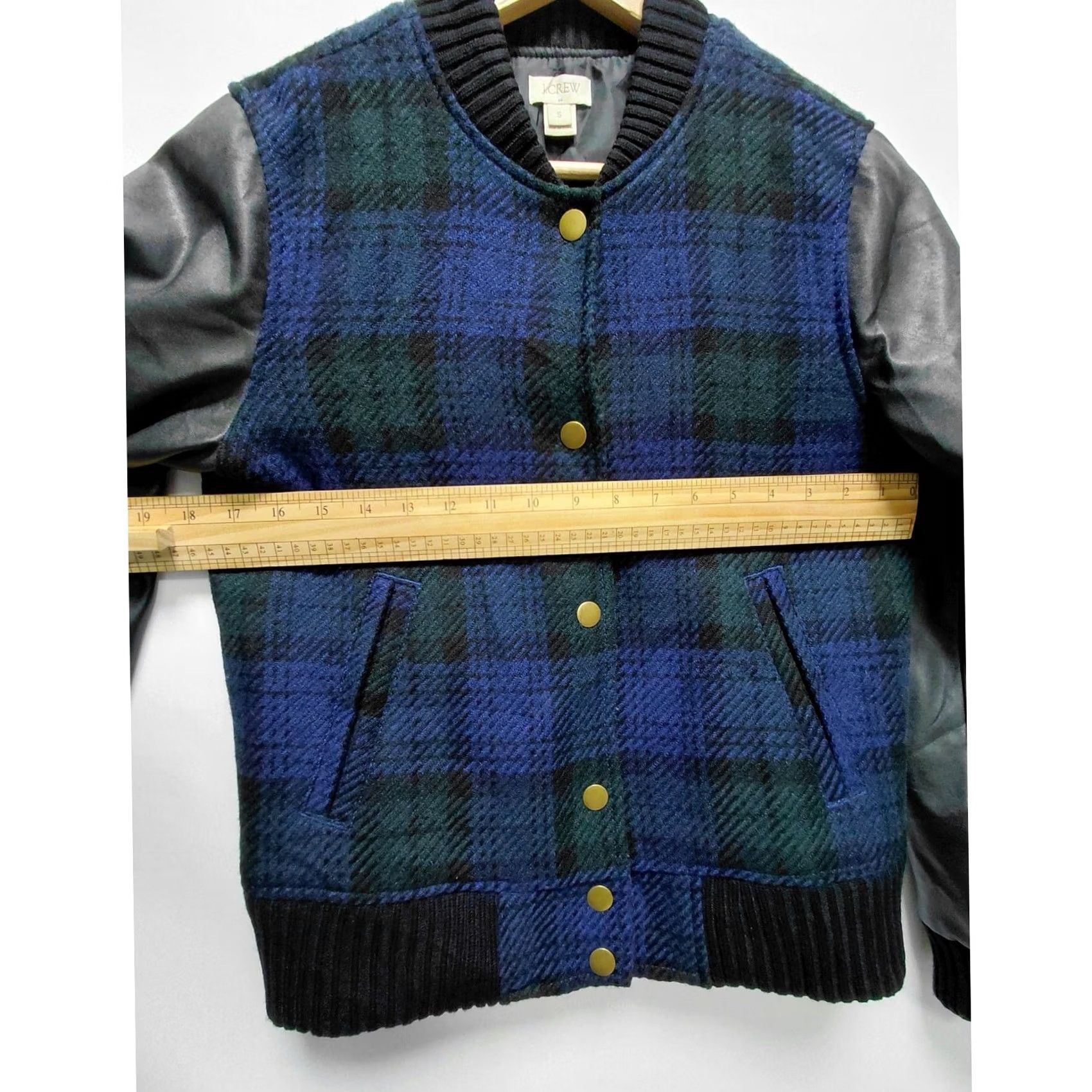 J.Crew J.Crew Plaid Wool Blend Bomber Jacket Blue Faux Leather Blend Size S Women Regular Pocket Buttoned Lined Lightweight Dry Clean Only Size S / US 4 / IT 40 - 6 Thumbnail