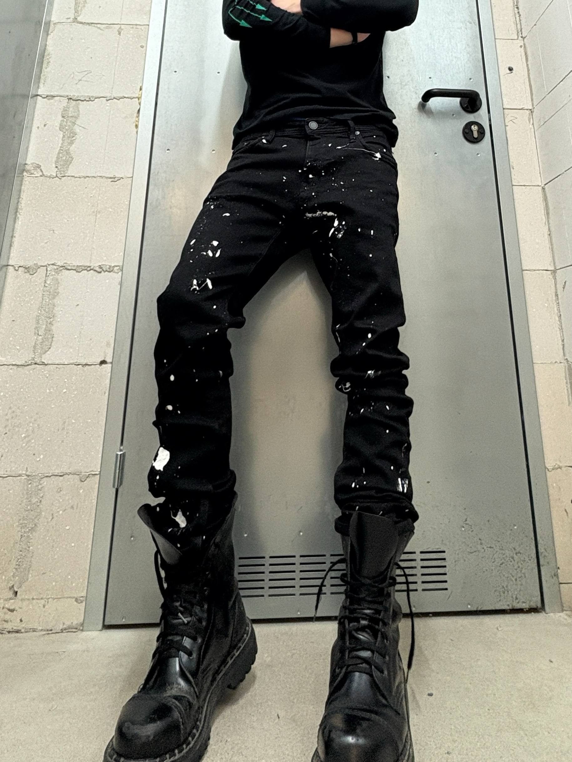 Japanese Brand Custom Black Baggy Distressed Jeans Painted Size US 31 - 8 Thumbnail
