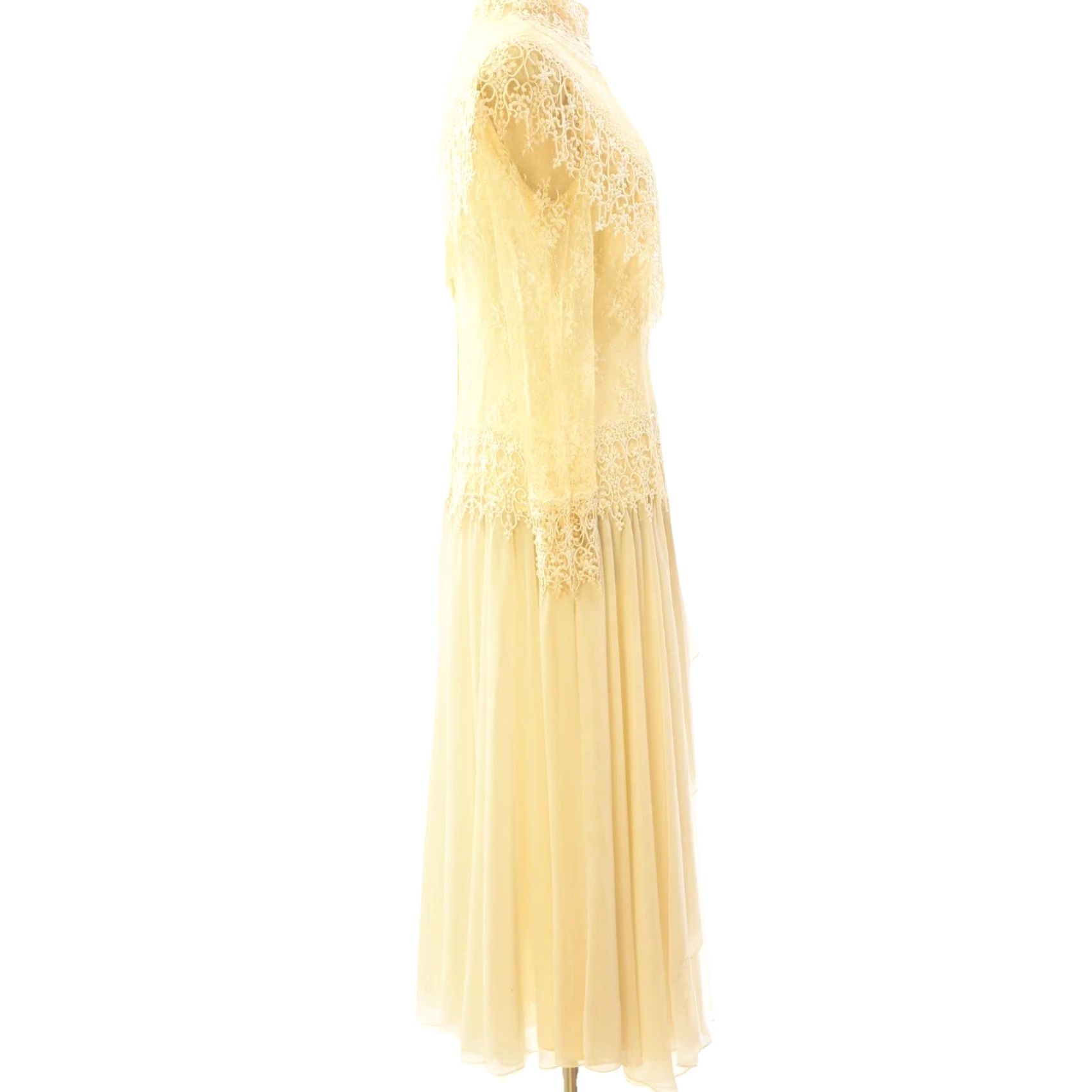 VINTAGE Jessica McClintock Ivory Lace Maxi Dress M 1970s Bridal Stand-Up  Collar Womens