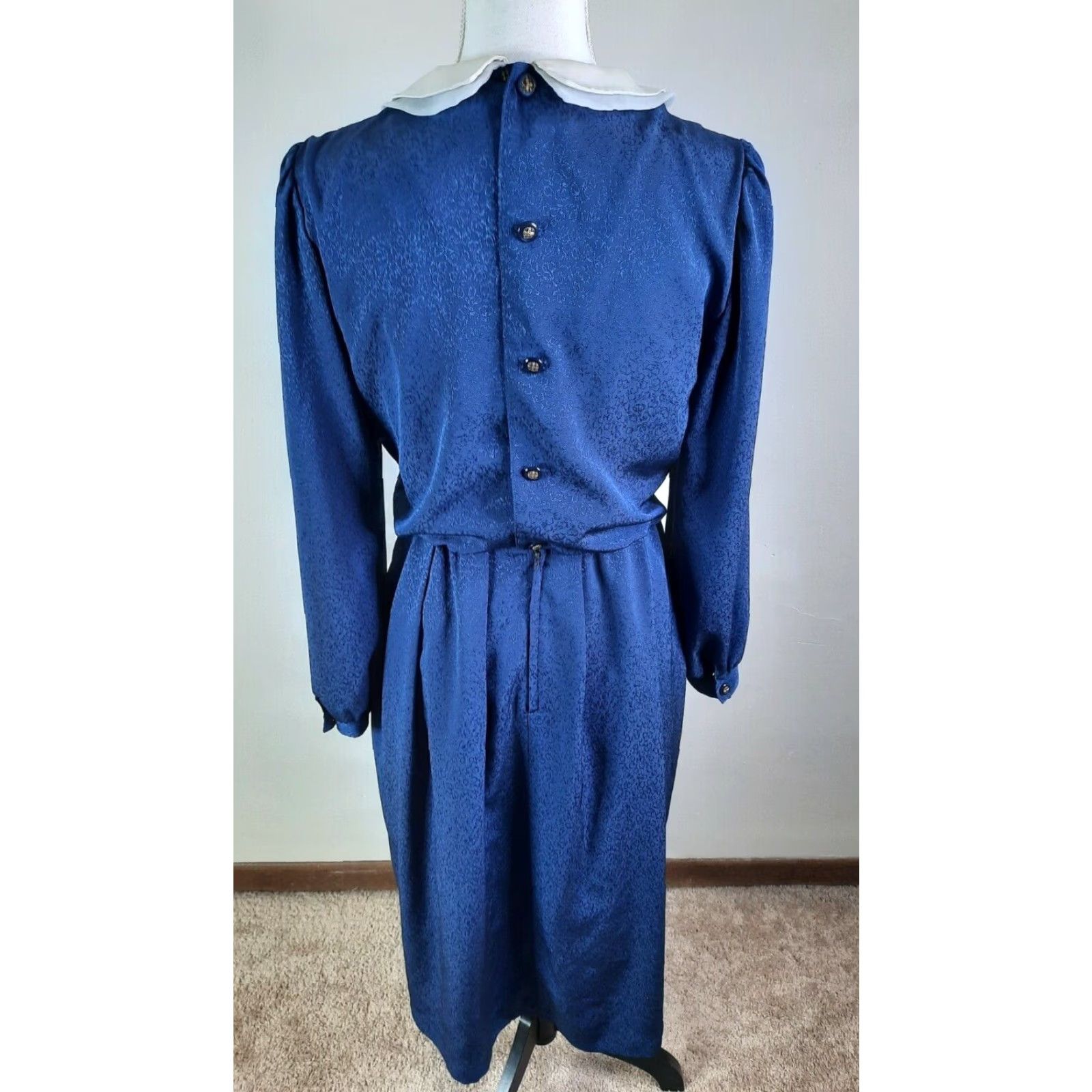 Vintage VINTAGE Marie Claire Womens Satin A-Line Flare Shirt Dress Blue 90s Midi Party/Cocktail Floral Silk? Size M / US 6-8 / IT 42-44 - 5 Thumbnail