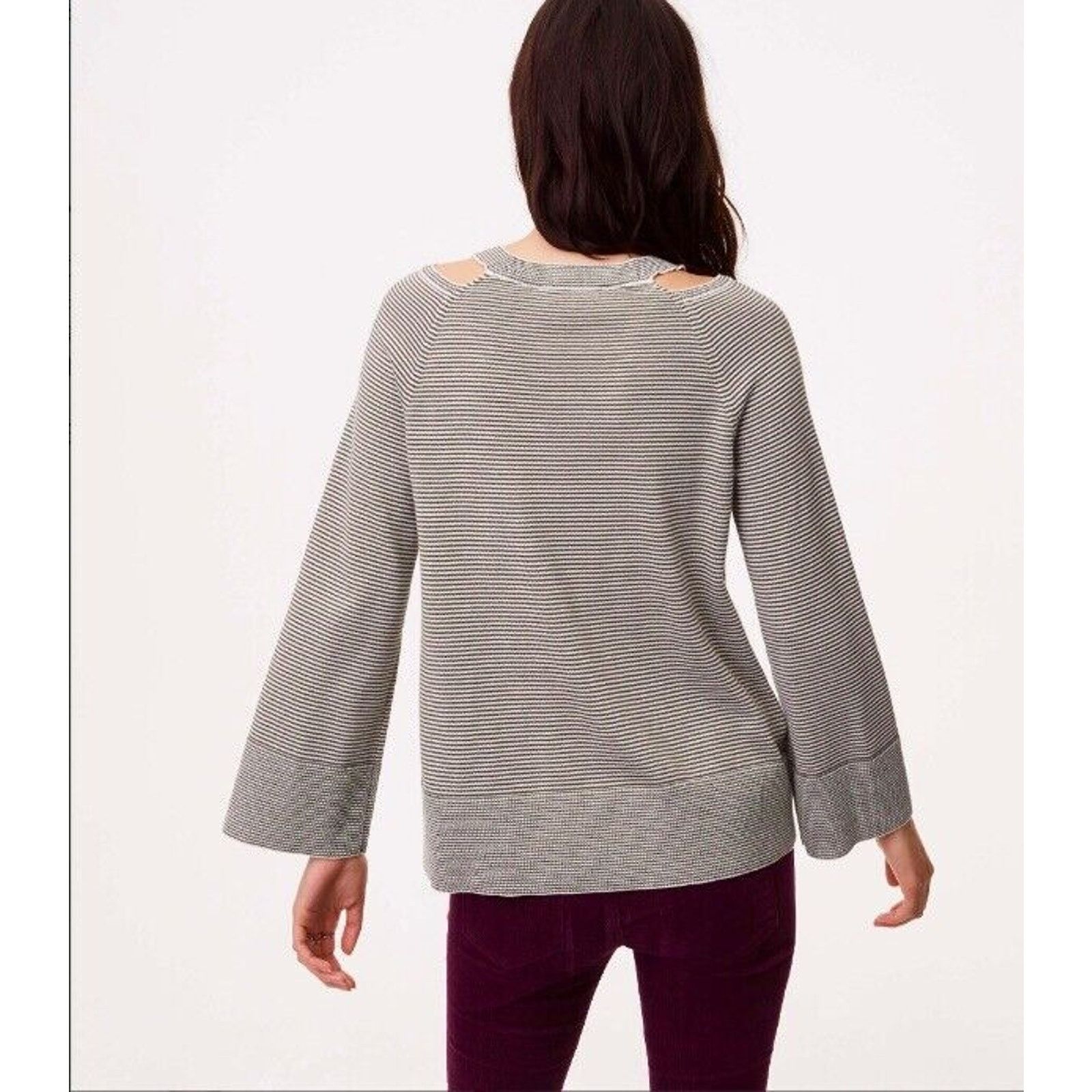 Loft LOFT Striped Cutout Swing Sweater Gray White Flare Ribbed M Size M / US 6-8 / IT 42-44 - 10 Thumbnail