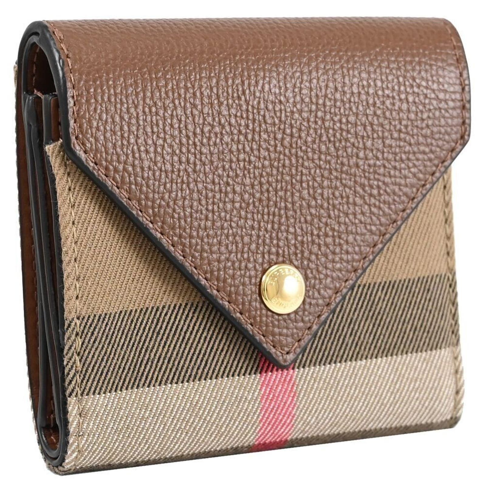 Burberry LILA BROWN LEATHER CHECK CANVAS COMPACT TRIFOLD WALLET | Grailed