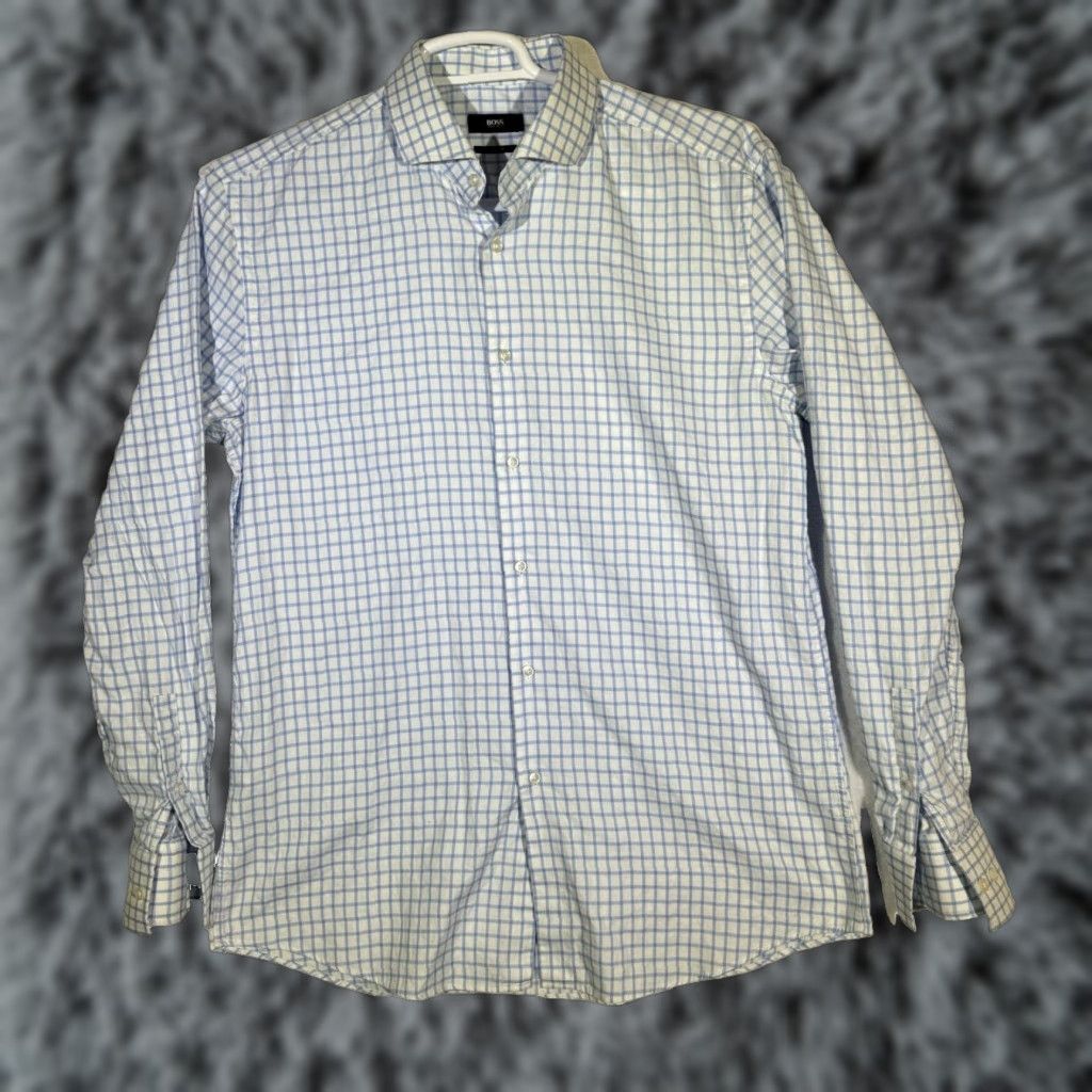 Hugo Boss Hugo Boss Dress Shirt Blue White Check Slim Fit 17 / XL Button-Up French Cuff Mens Size 46R - 1 Thumbnail
