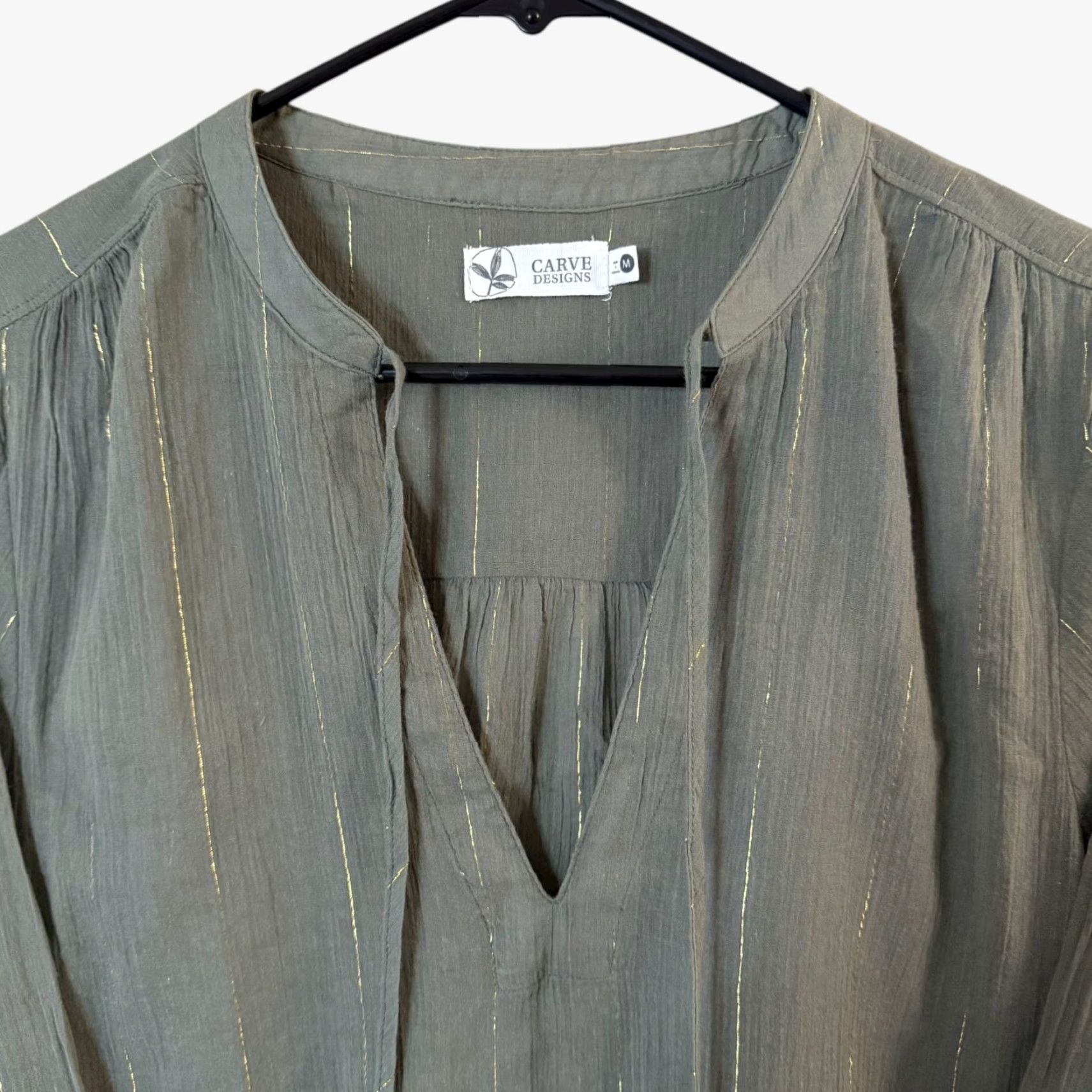 Vintage Carve Designs Tunic Women Medium Green Organic Cotton Metallic Stripe Beach Bohemian Lightweight V-Neck Long Sleeve Casual Travel Size M / US 6-8 / IT 42-44 - 5 Thumbnail