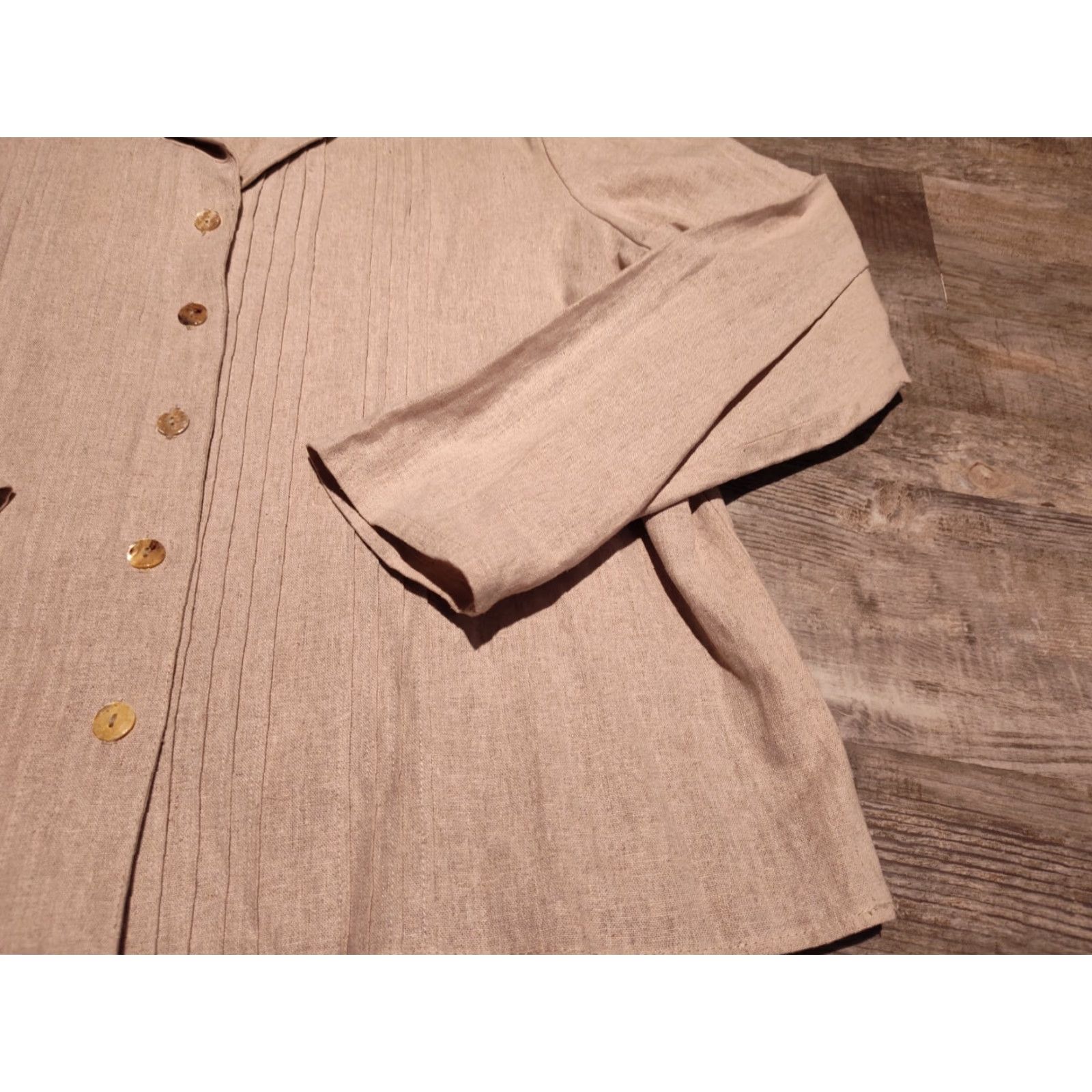 Orvis VINTAGE Orvis Women's Linen Rayon Button-Up Shirt 20 Long Sleeve Beige Pleated Classic 80s 90s Size 3XL / US 20-22 - 4 Thumbnail