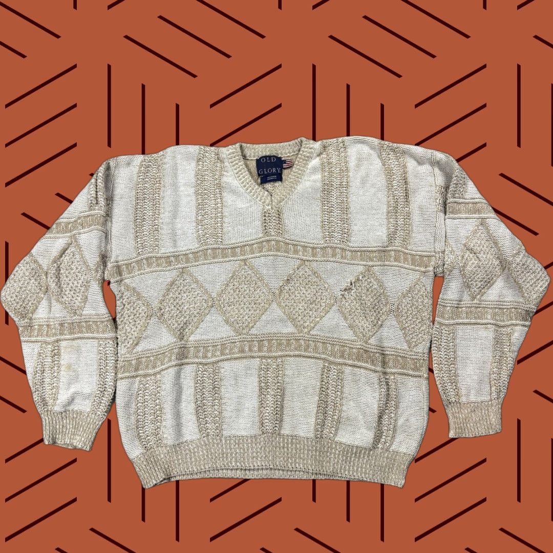 Vintage VTG OLD GLORY USA MADE V-NECK ABSTRACT TEXTURED KNIT TAN SWEATER GRANDPA SIZE L Shirt Mens Knit Pullover White Beige 90s USA Size US L / EU 52-54 / 3 - 1 Thumbnail
