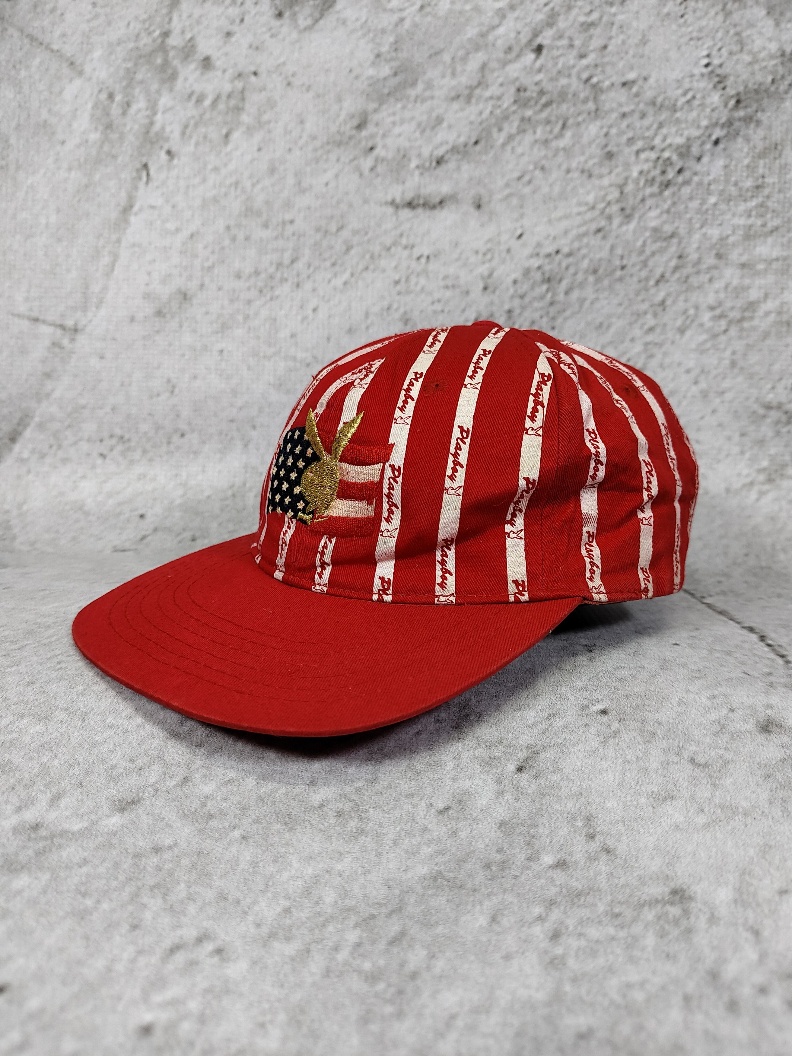 Playboy 2000s Playboy- Embroidered Bunny USA Flag Logo Stripe Cap Size ONE SIZE - 3 Thumbnail
