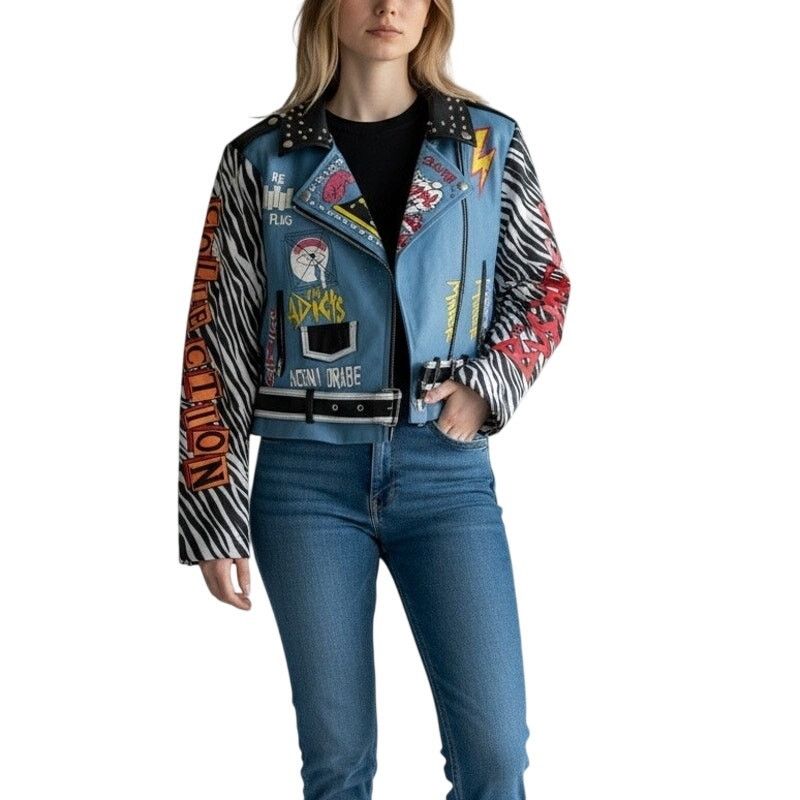 Azalea Wang Azalea Wang Blue Faux Leather Moto Jacket Zebra Sleeve Small Size S / US 4 / IT 40 - 1 Thumbnail