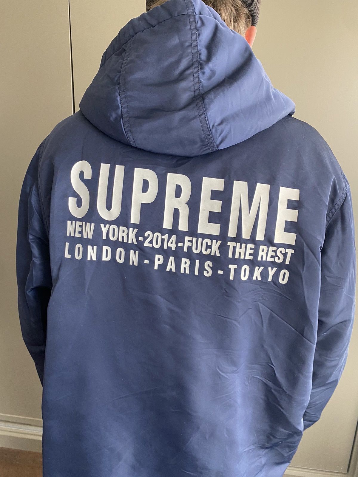 image of Supreme Navy Blue 2014 Fuck The Rest Pullover Jacket in Blue/Navy, Men's (Size XL)