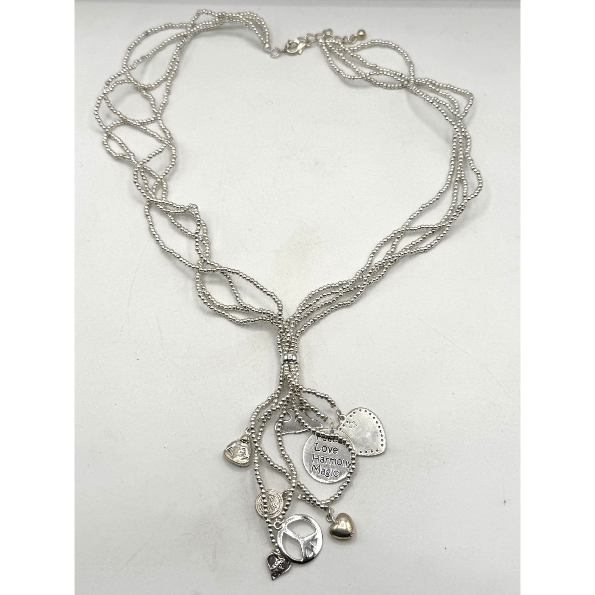 Vintage Beaded tassel silver tone peace love charm necklace Size ONE SIZE - 3 Thumbnail
