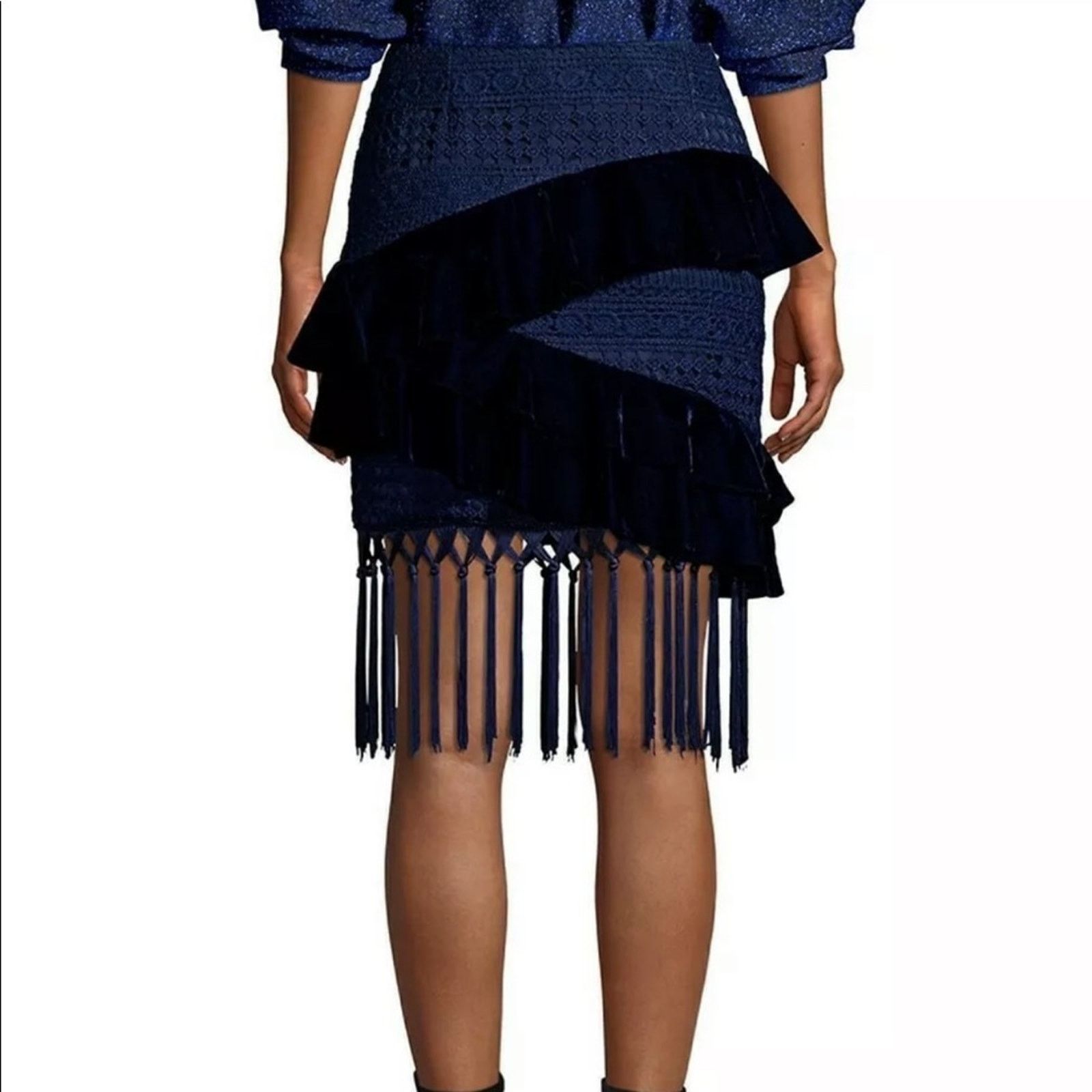 Other PatBo navy velvet and crochet fringe skirt size 0 brazil 32 Size 25" / US 0 / IT 36 - 3 Thumbnail