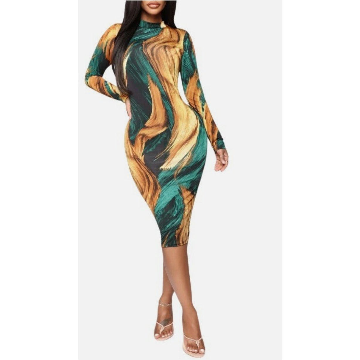 Fashion Nova Fashion Nova Green Combo Printed Long Sleeve Bodycon Dress Size XL / US 12-14 / IT 48-50 - 3 Thumbnail