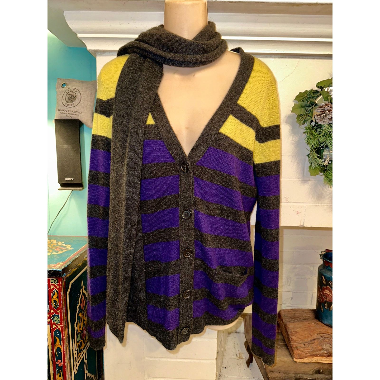 Other Y2K VKOO STRIPED CASHMERE CARDIGAN SWEATER W/ ATTACHED SCARF Size S / US 4 / IT 40 - 1 Thumbnail
