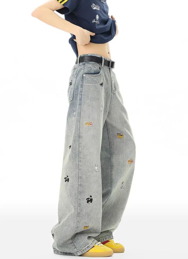 Japanese Brand Men's washed distressed wide-leg puppy embroidered jeans Size US 32 / EU 48 - 3 Thumbnail