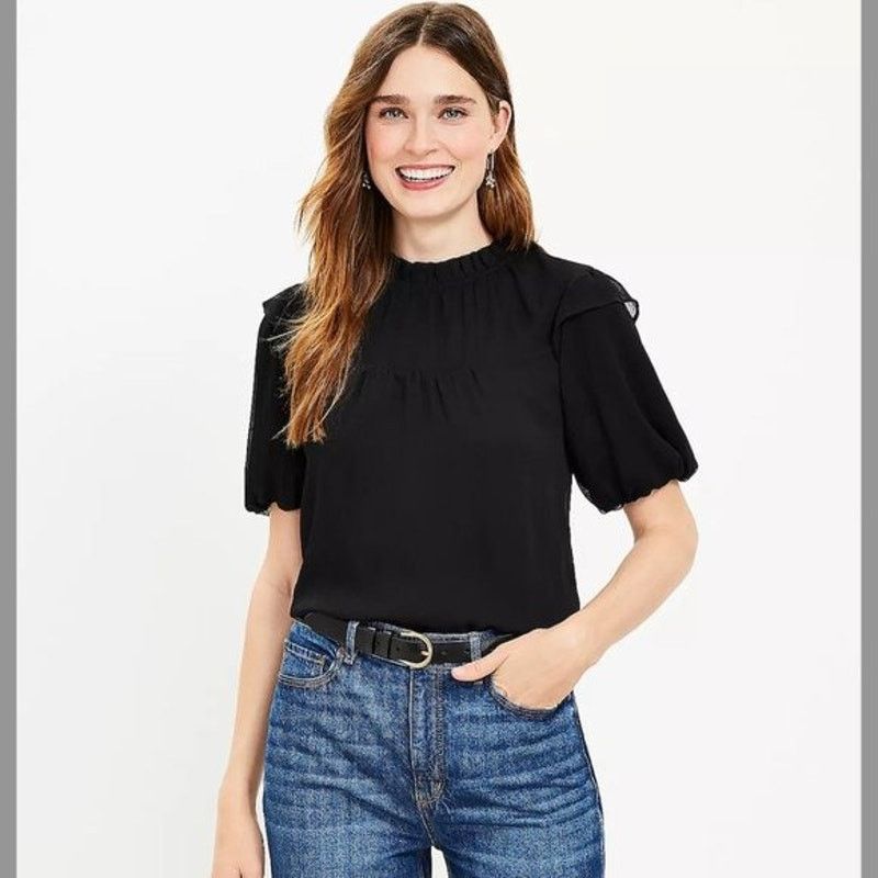 Loft LOFT Ruffle Neck Balloon Sleeve Top BlackWomens Small Petite Size S / US 4 / IT 40 - 8 Thumbnail