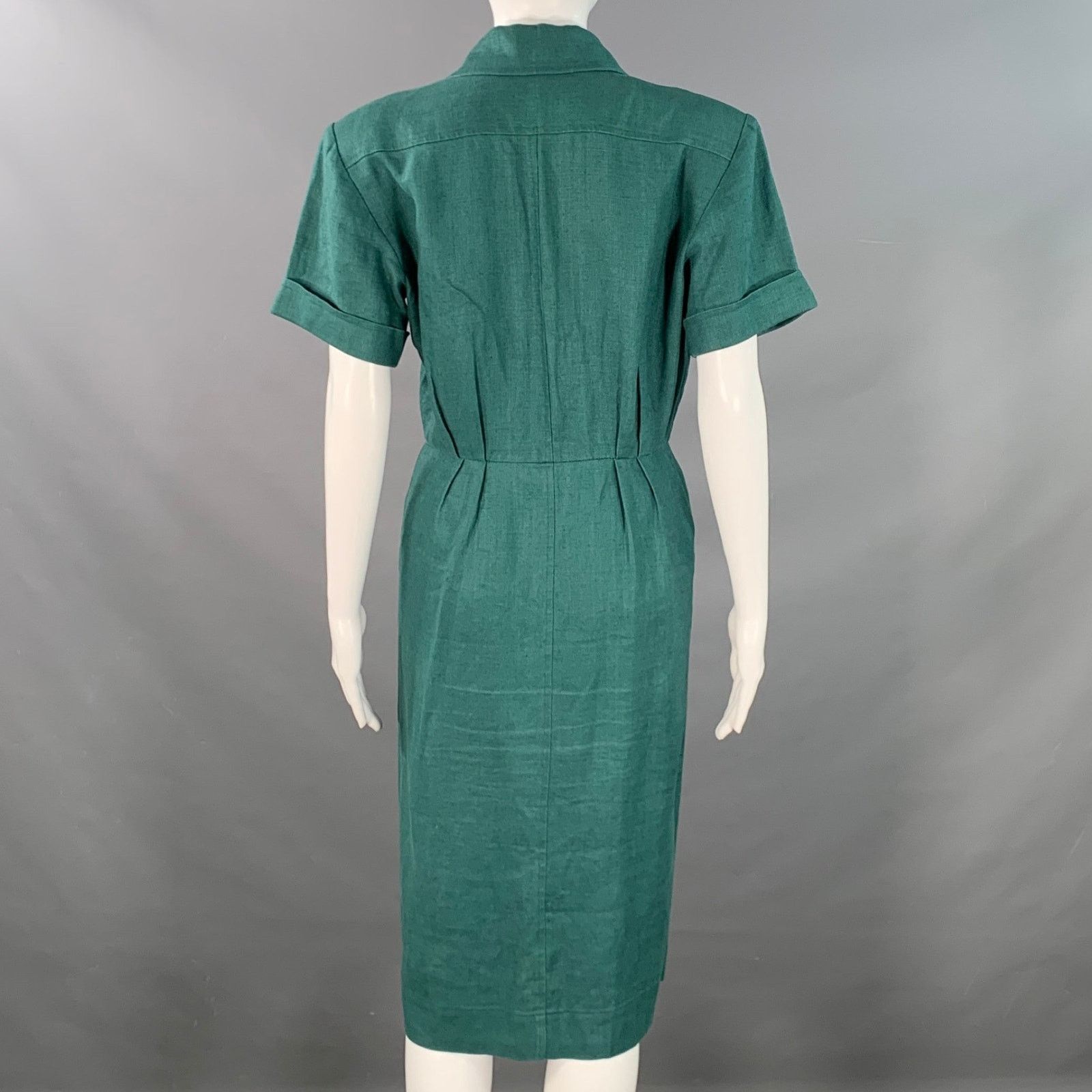 Yves Saint Laurent 6 Green Linen Button Up Pleated Shirt Dress Size M / US 6-8 / IT 42-44 - 4 Thumbnail