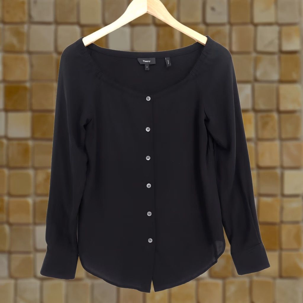 Theory Theory Button-Up Silk Blouse Black Sz S Women's Shirt Button-Front Satin 100% Silk Casual Business Size S / US 4 / IT 40 - 1 Thumbnail