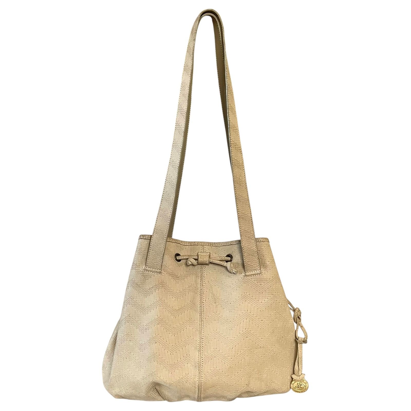 BRAHMIN × Vintage Brahmin Vintage Chevron Embossed Cream Leather Bucket Bag Size ONE SIZE - 10 Thumbnail