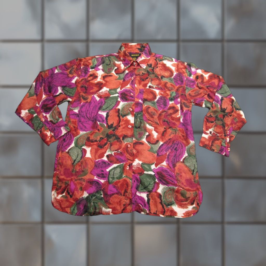 Vintage VINTAGE Setosa Shirt Womens Small Red Floral Silk Button-Up Long Sleeve Women Mens Women? Size S / US 4 / IT 40 - 1 Thumbnail