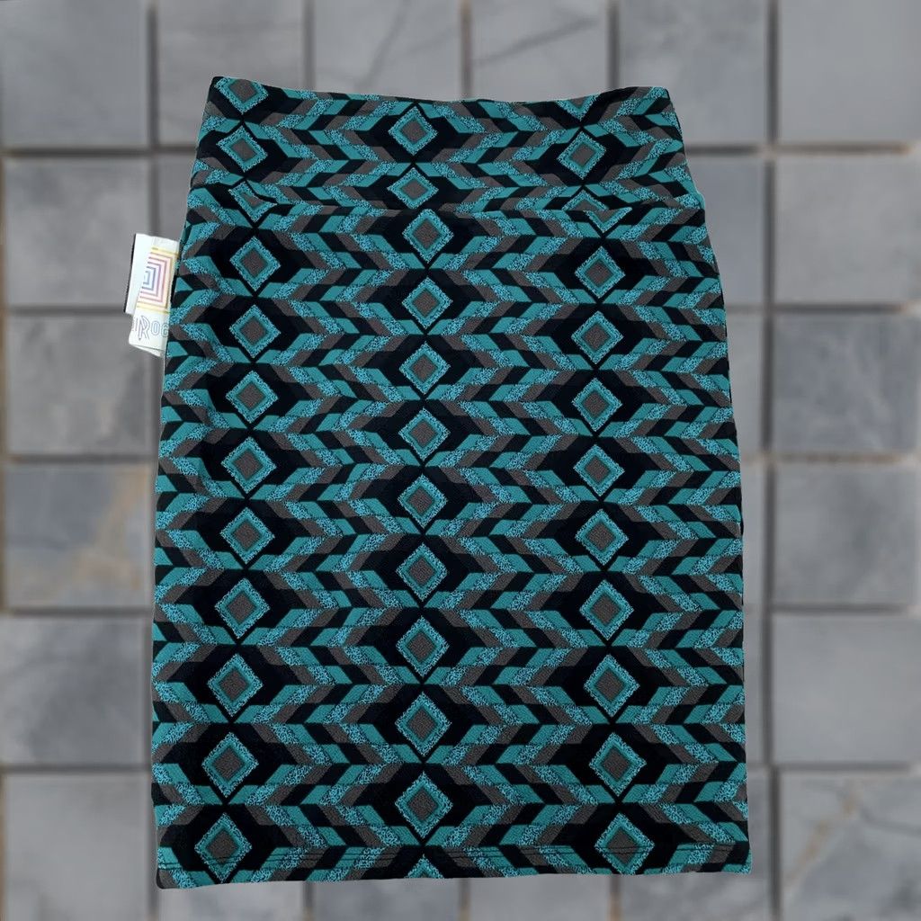 Vintage LuLaRoe Skirt Womens Medium Black Teal Geometric Pencil Stretch Pull On Size 32" / US 10 / IT 46 - 1 Thumbnail