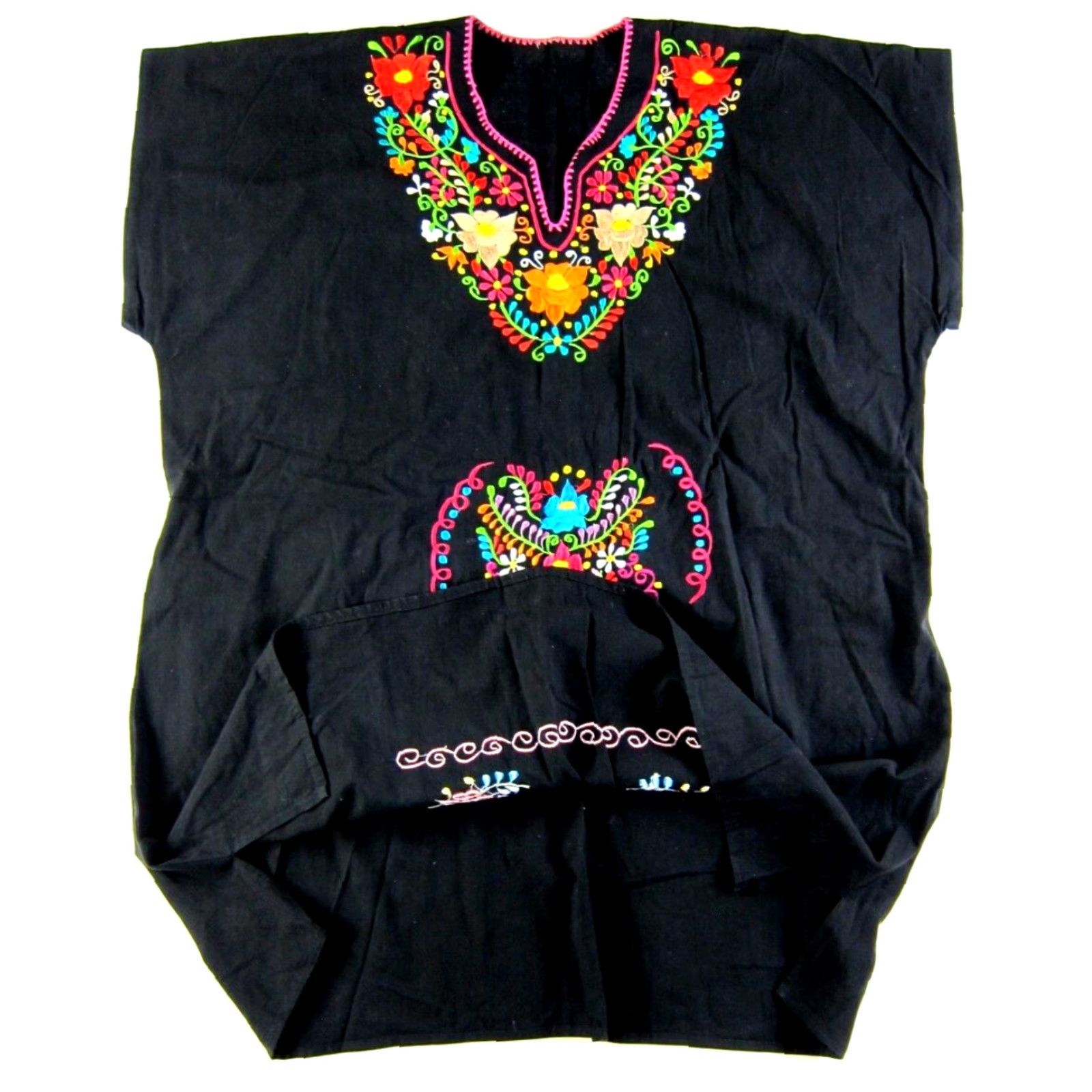 Pinko VINTAGE Mexican Black Pink Blue Green Embroidered V-Neck Smock Peasant Dress 1X Size XL / US 12-14 / IT 48-50 - 4 Thumbnail