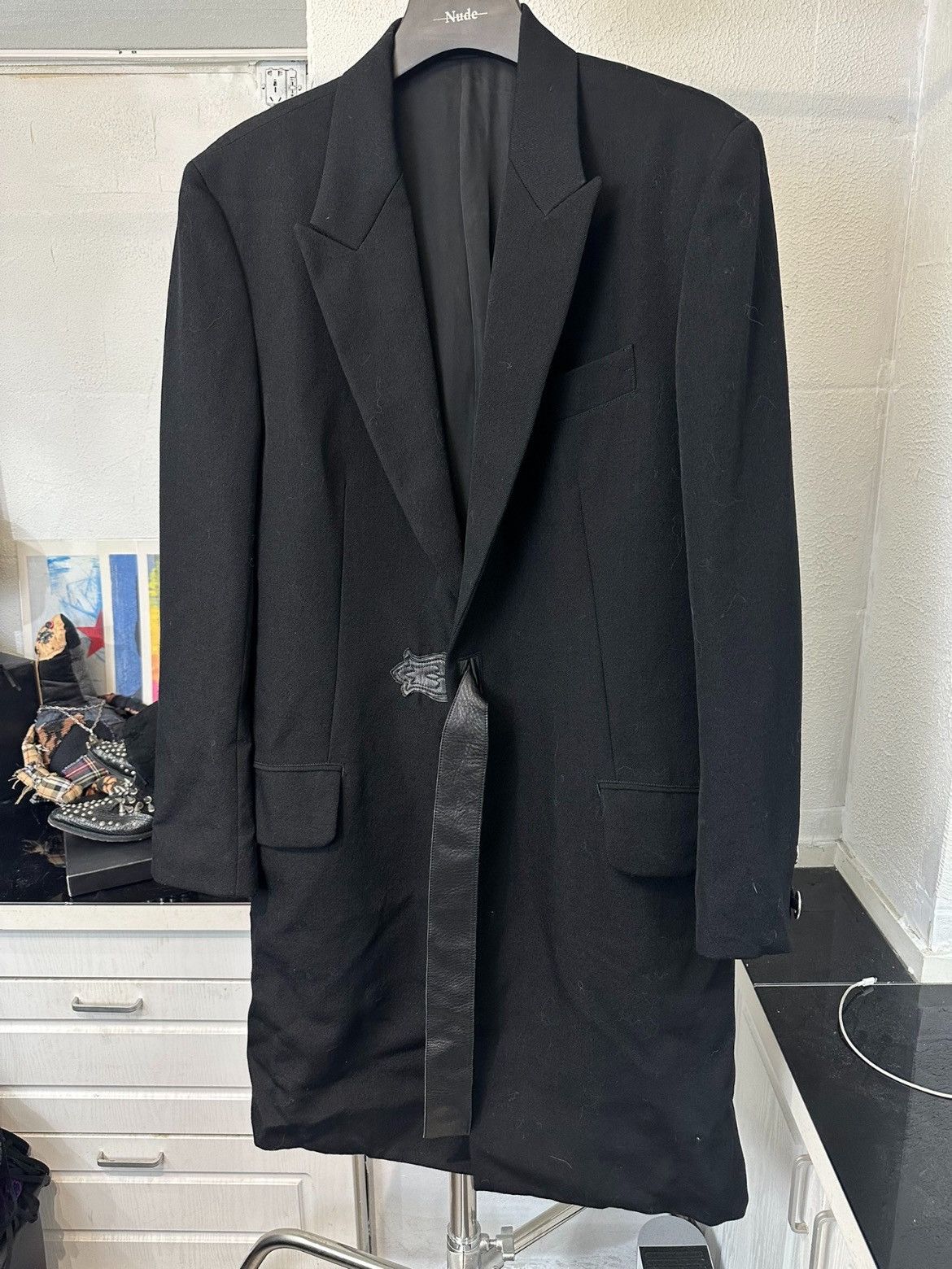 image of Yohji Yamamoto Y’S For Men 05Aw Runway Leather Belt Coat in Black (Size XL)