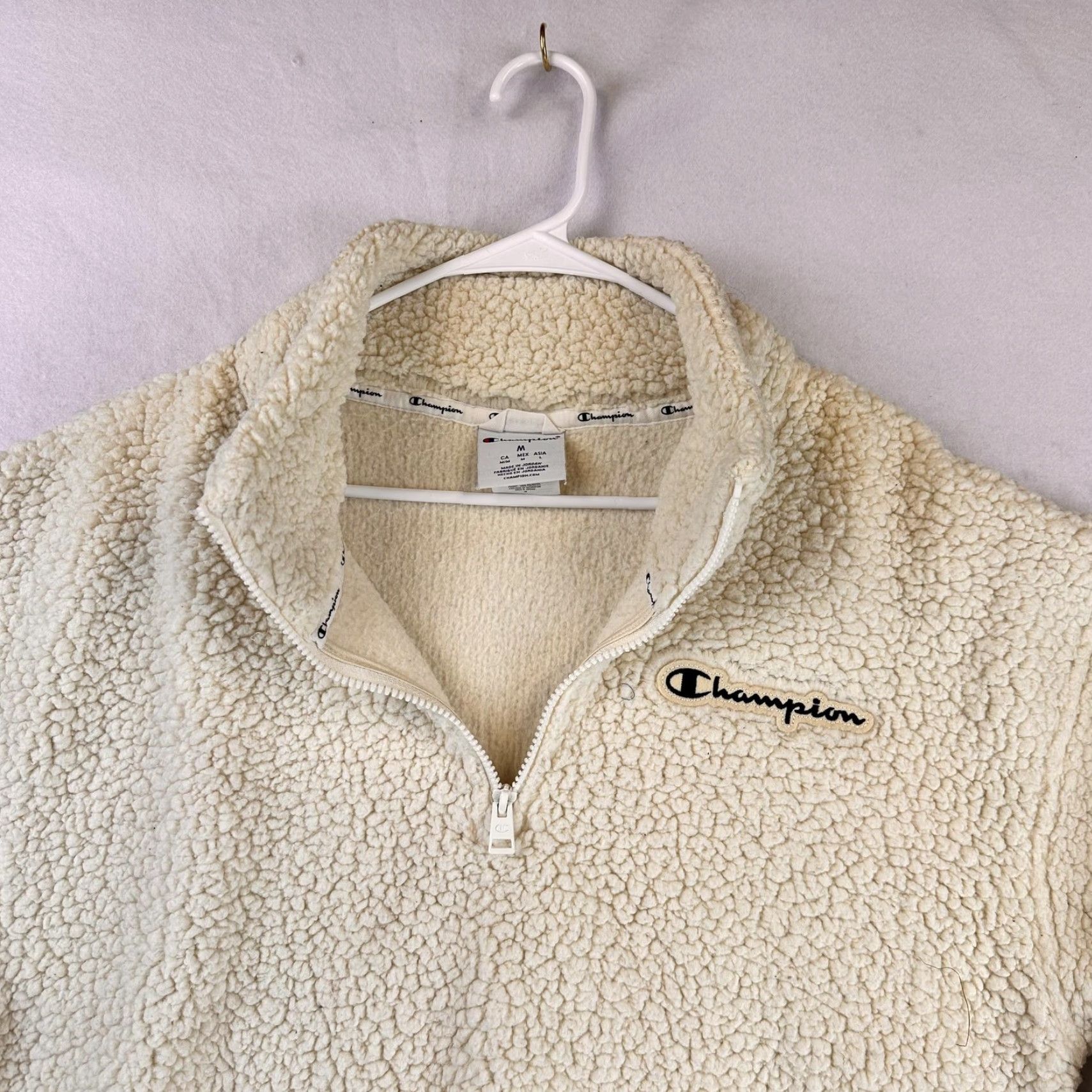 Champion Champion Pullover Womens Medium Cream Sherpa Fleece Quarter Zip Script Logo Sweatshirt Size M / US 6-8 / IT 42-44 - 6 Thumbnail