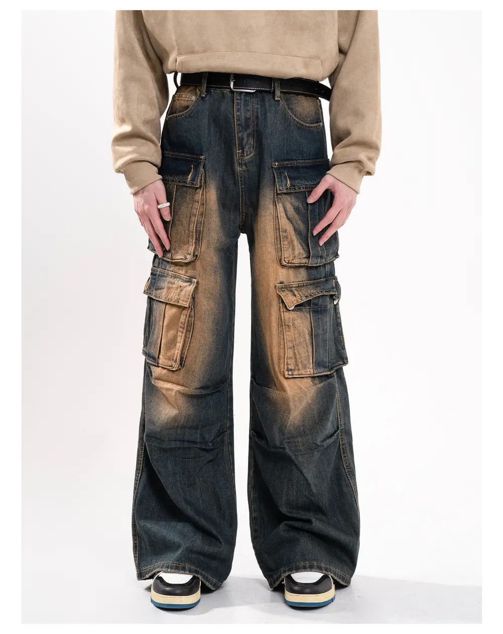 Japanese Brand × Jean Blue Washed Gradient Cargo Denim Jeans, Stacked Jeans Size US 34 / EU 50 - 1 Thumbnail