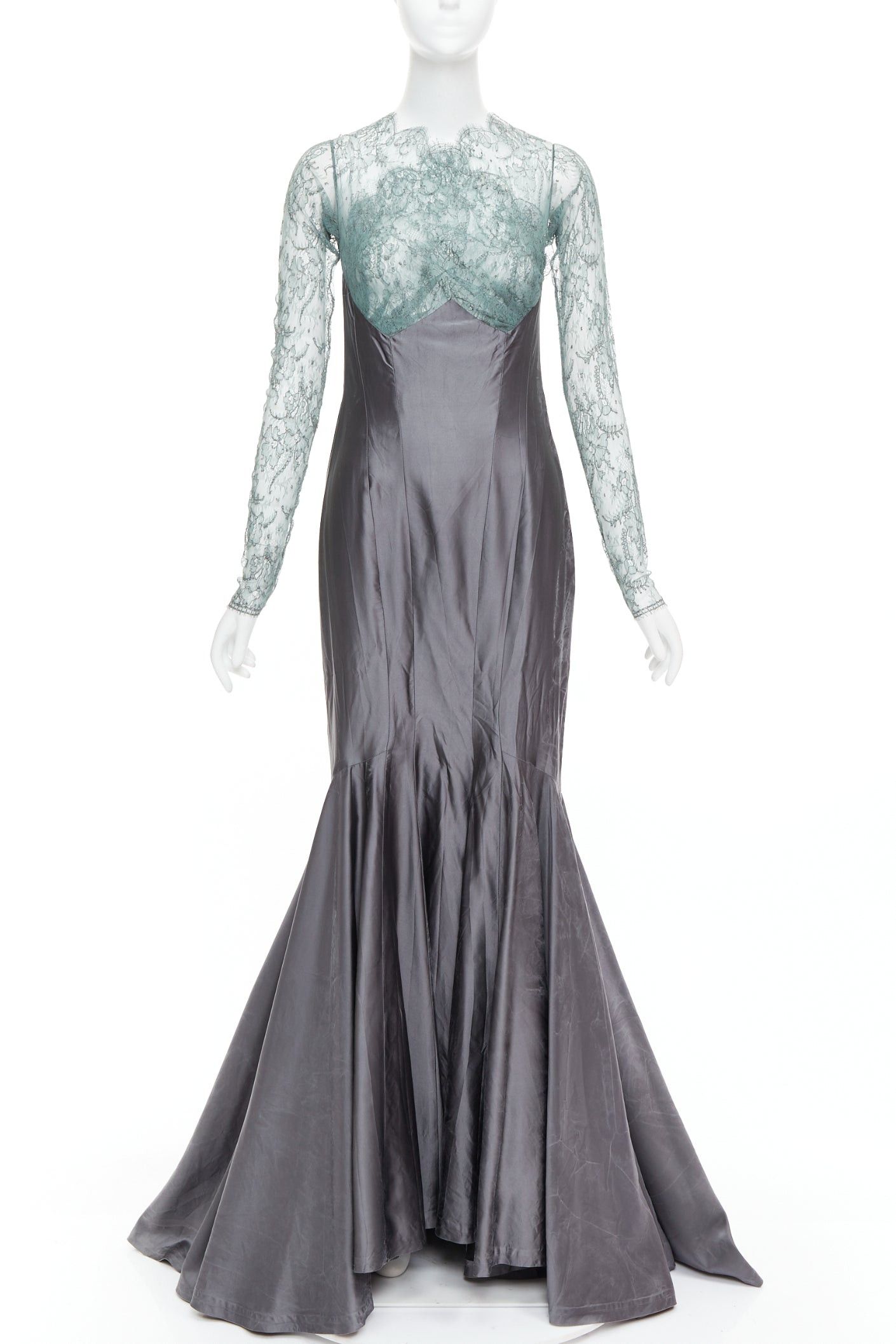 Guy Laroche rare GUY LAROCHE COUTURE 2006 Vintage Runway green crossover lace bust grey silk mermaid evening gown IT38 XS Size M / US 6-8 / IT 42-44 - 1 Thumbnail