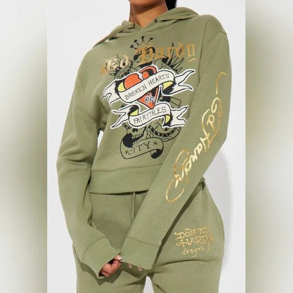 Ed Hardy Broken Hearts Sage Sweatsuit Coord Set Lounge Retro Y2K Size ONE SIZE - 6 Thumbnail