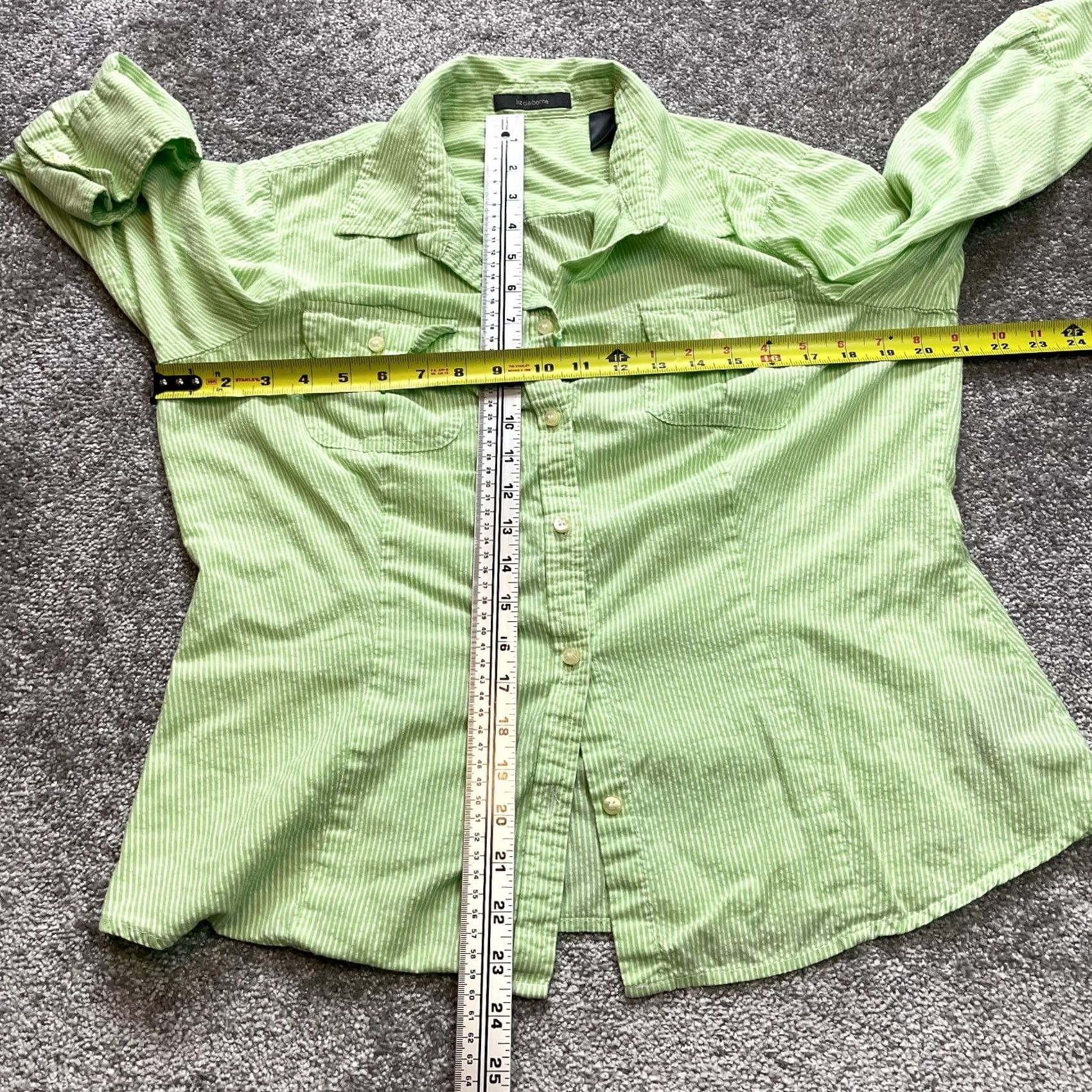 Liz Claiborne Liz Claiborne Button-Up Blouse Shirt Womens L Green Striped Pockets Collared Size L / US 10 / IT 46 - 5 Thumbnail