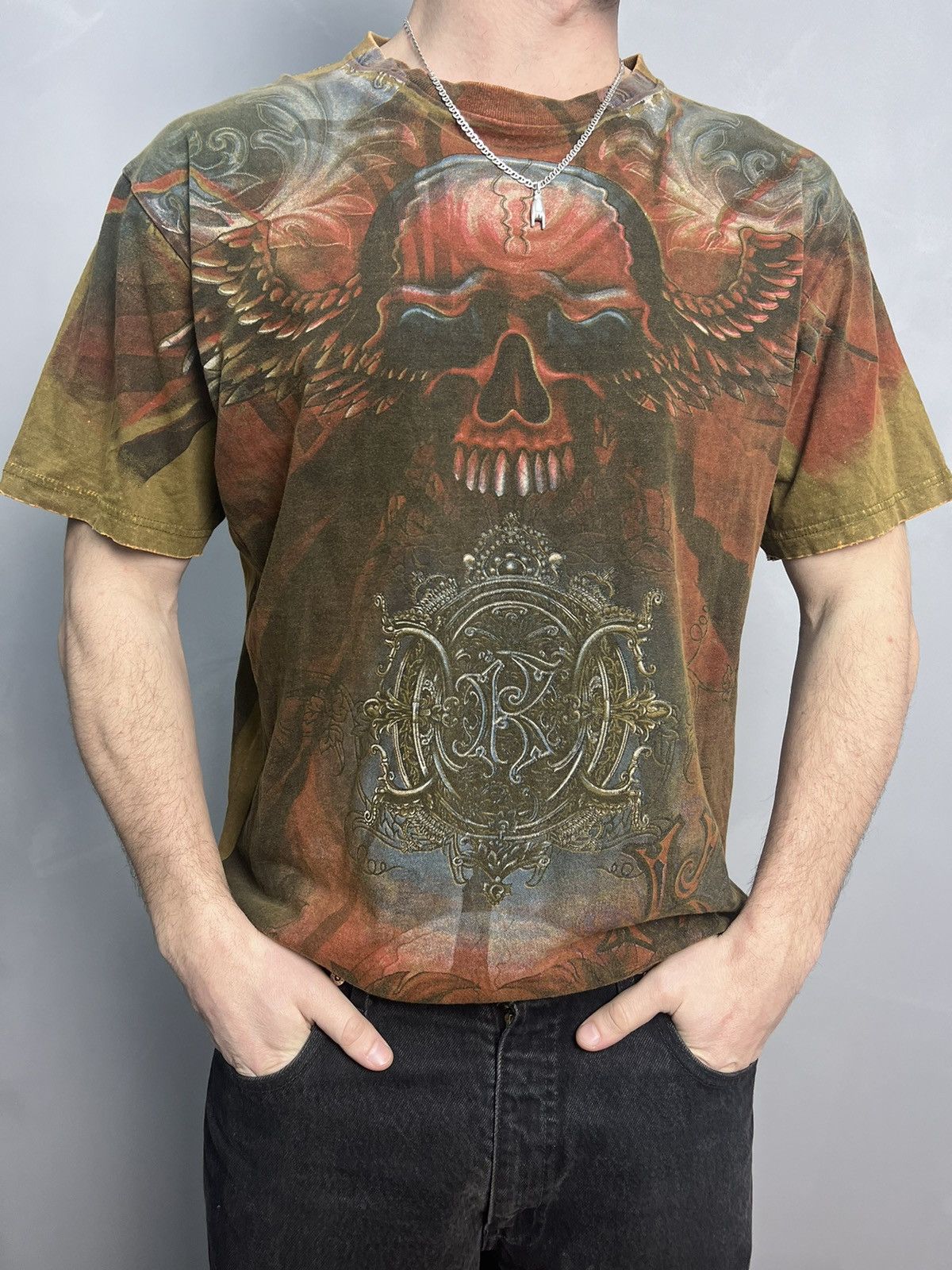 Affliction × Vintage Crazy Vintage Y2K Affliction T Shirt Skull Opium Cyber Goth Size US L / EU 52-54 / 3 - 1 Thumbnail